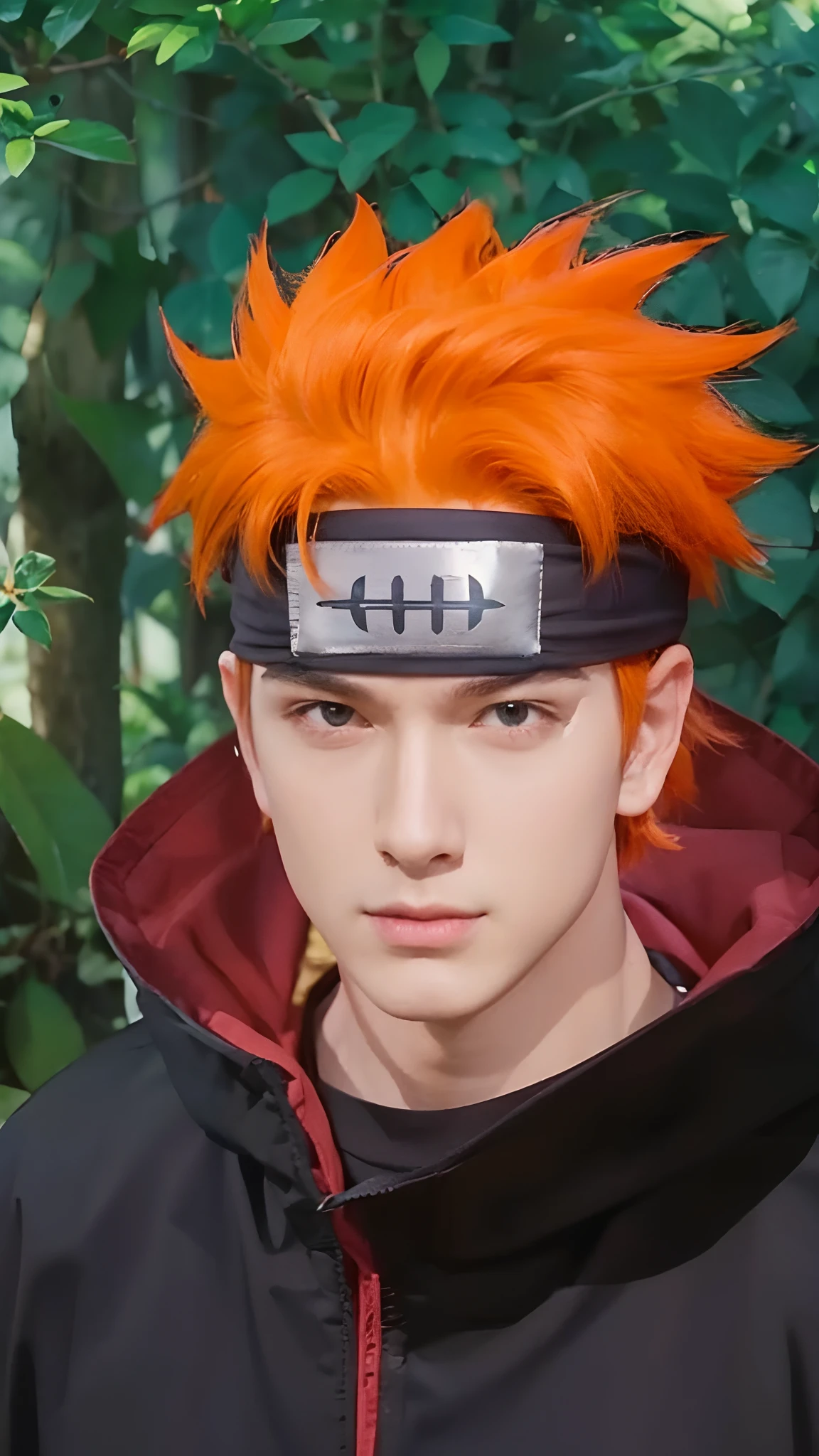 Real life adaption of this character,handsome man,realistic same outfit, realistic orange hair, realistic headband, realistic light, realistic shadow, realism, hyper realistic,(photorealistic:1.2)