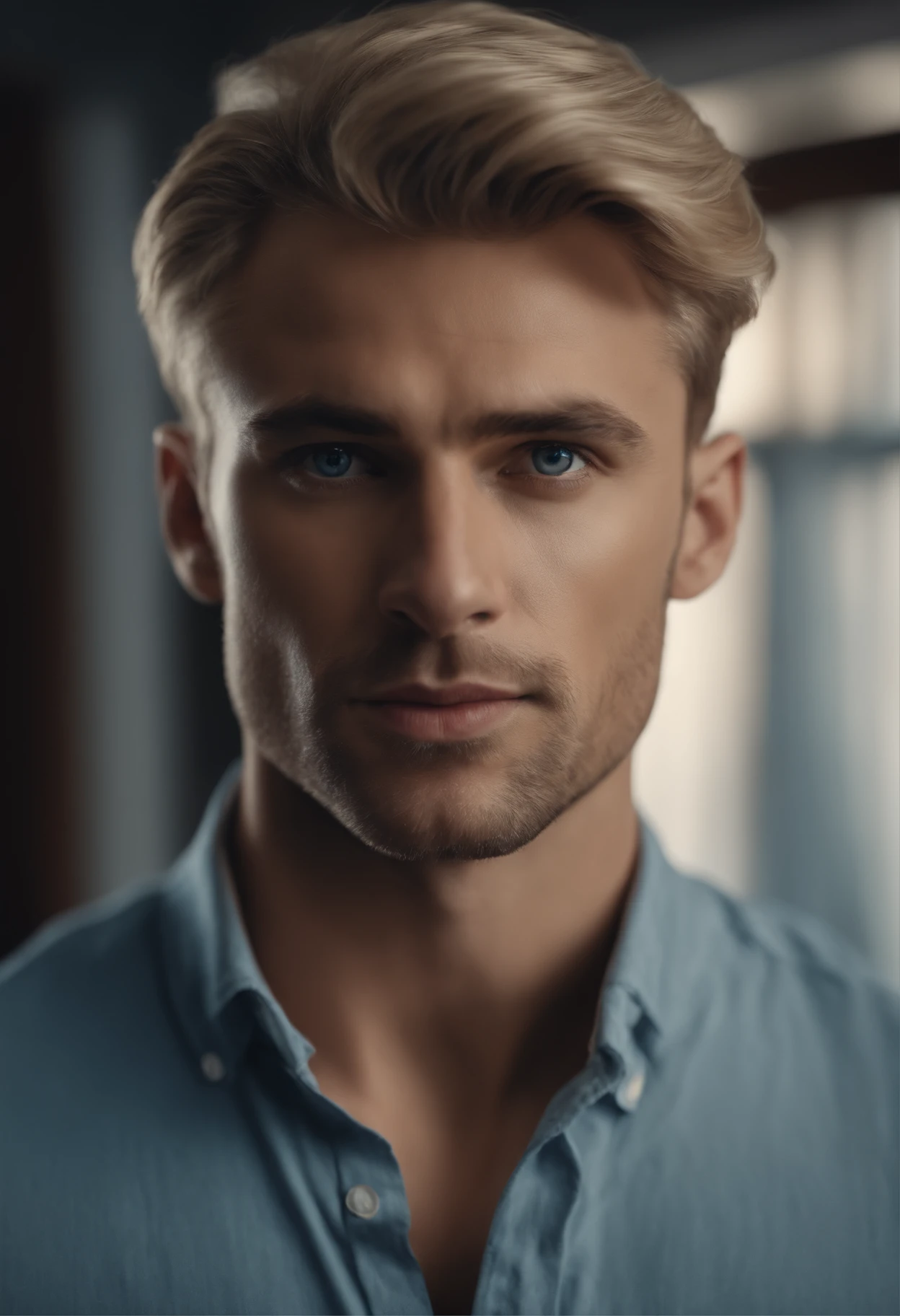 Male, handsome, standing face forward, strong jawline, full lips, Nice nose, short blonde hair, blue eyes, at home, hyper realistic, 8k image quality