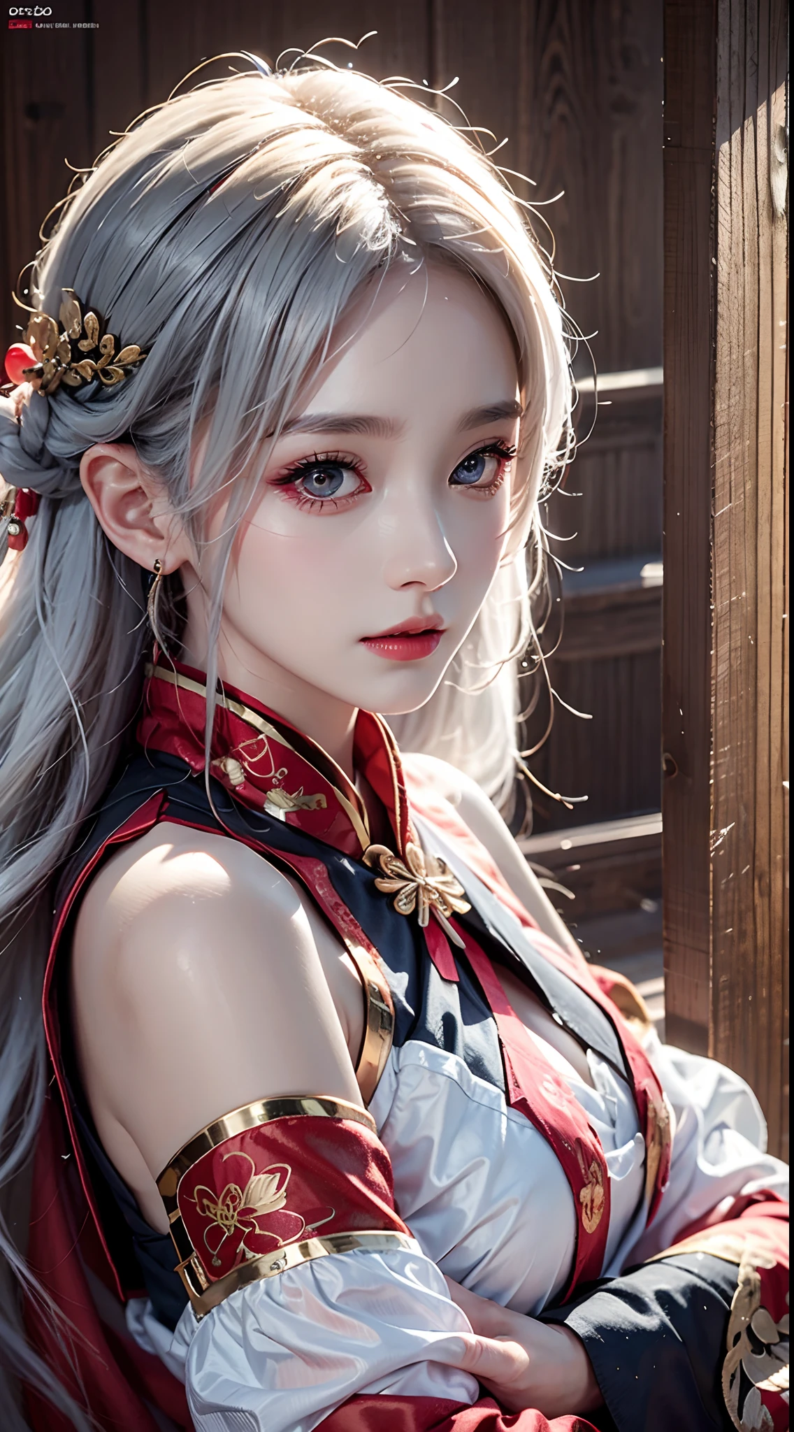 photorealistic, high resolution, soft lights, 1women, solo, hips up, red eyes, white hair, long hair, detailed eyes, red eyes, solo, chinese traditional clothing, red wedding hanfu, realistic, makeup