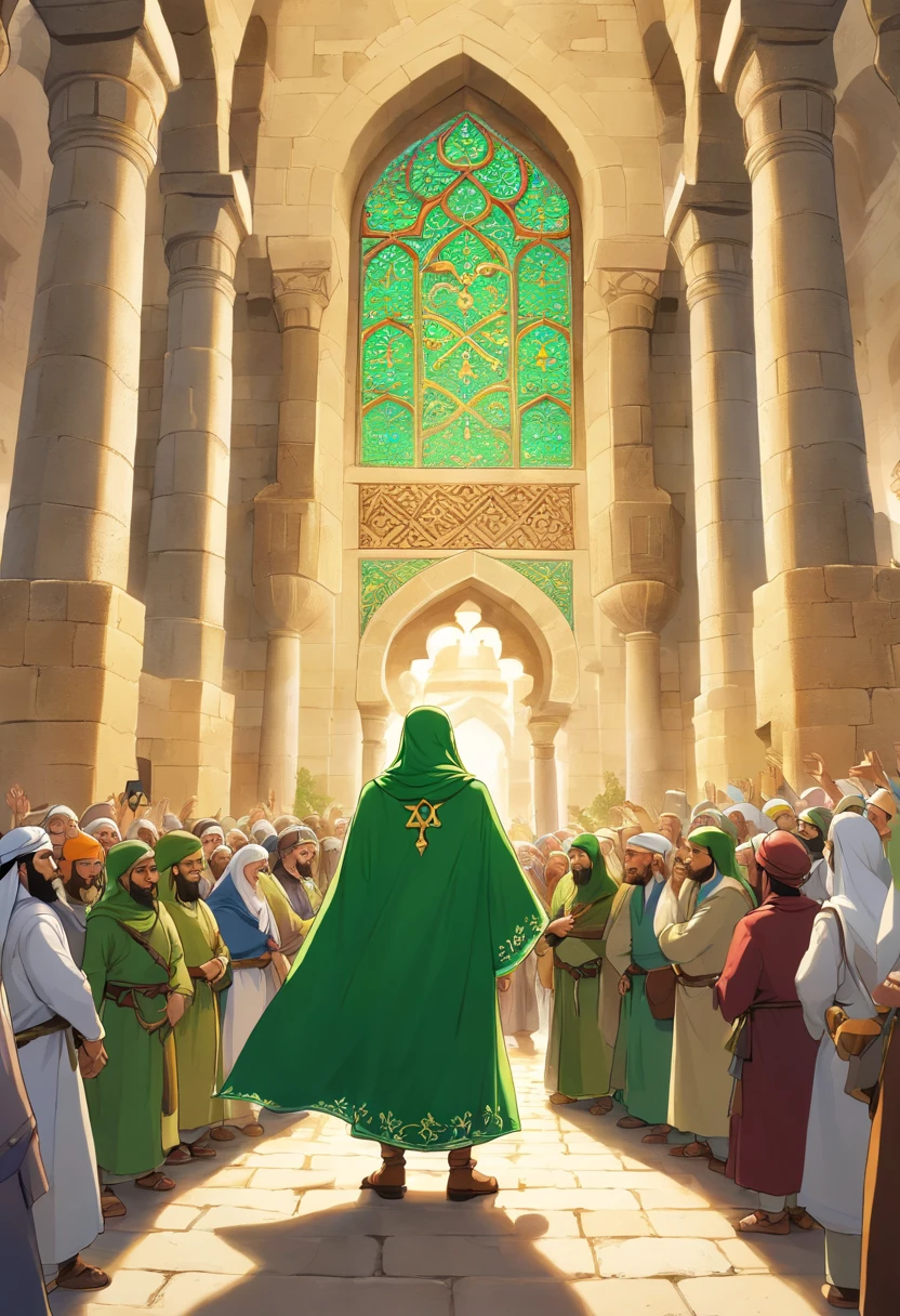 An arabian man with green robe telling parables in a crowd, mosque, 1400 years ago, Islamic elements, extremely detailed