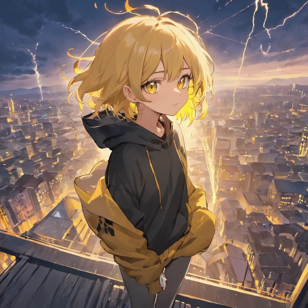 girl age 20s, with blonde short hair, yellow eyes, wearing long pants, black hoodie, using lightning magic, on top of the building