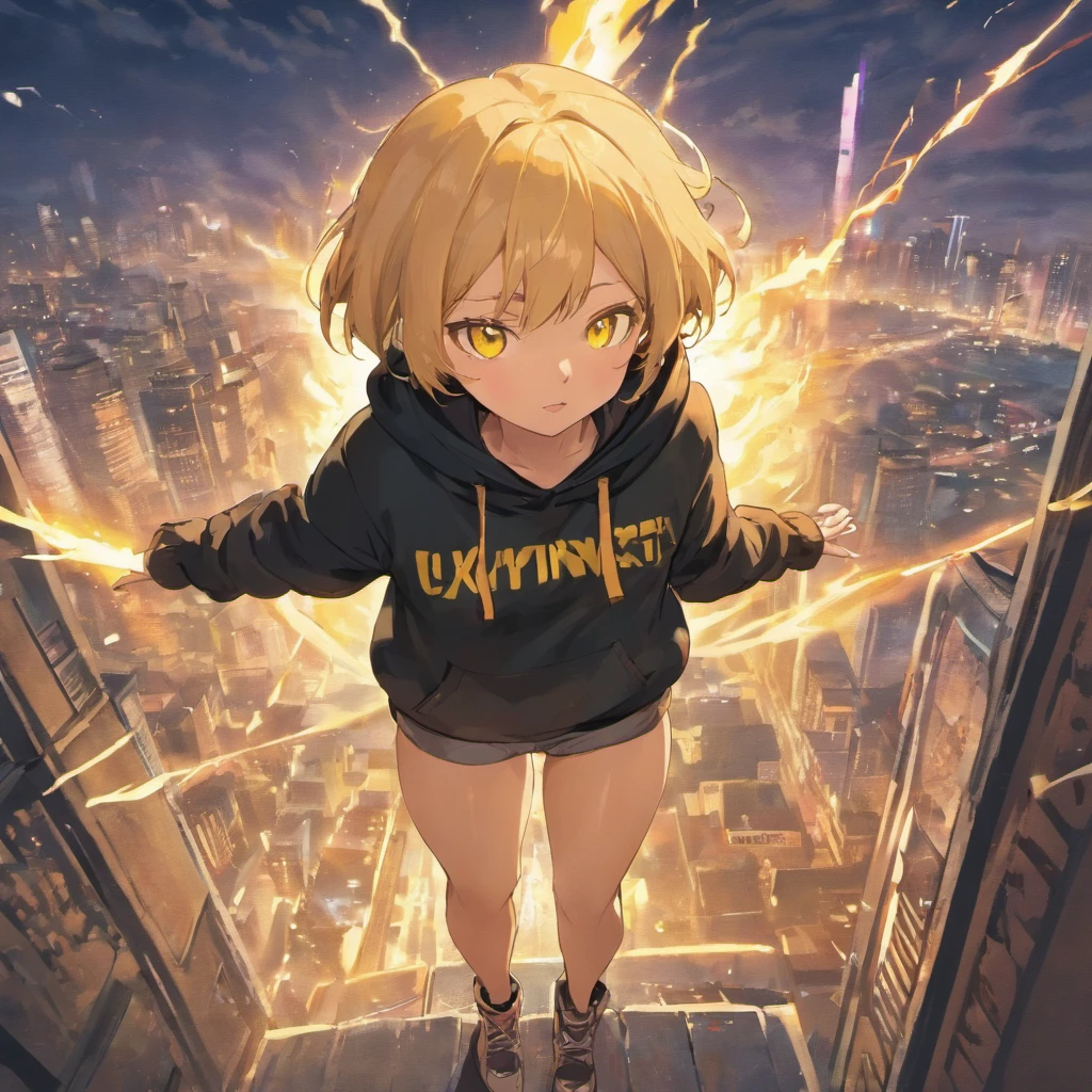 girl age 20s, with blonde short hair, yellow eyes, wearing long pants, black hoodie, using lightning magic, on top of the building