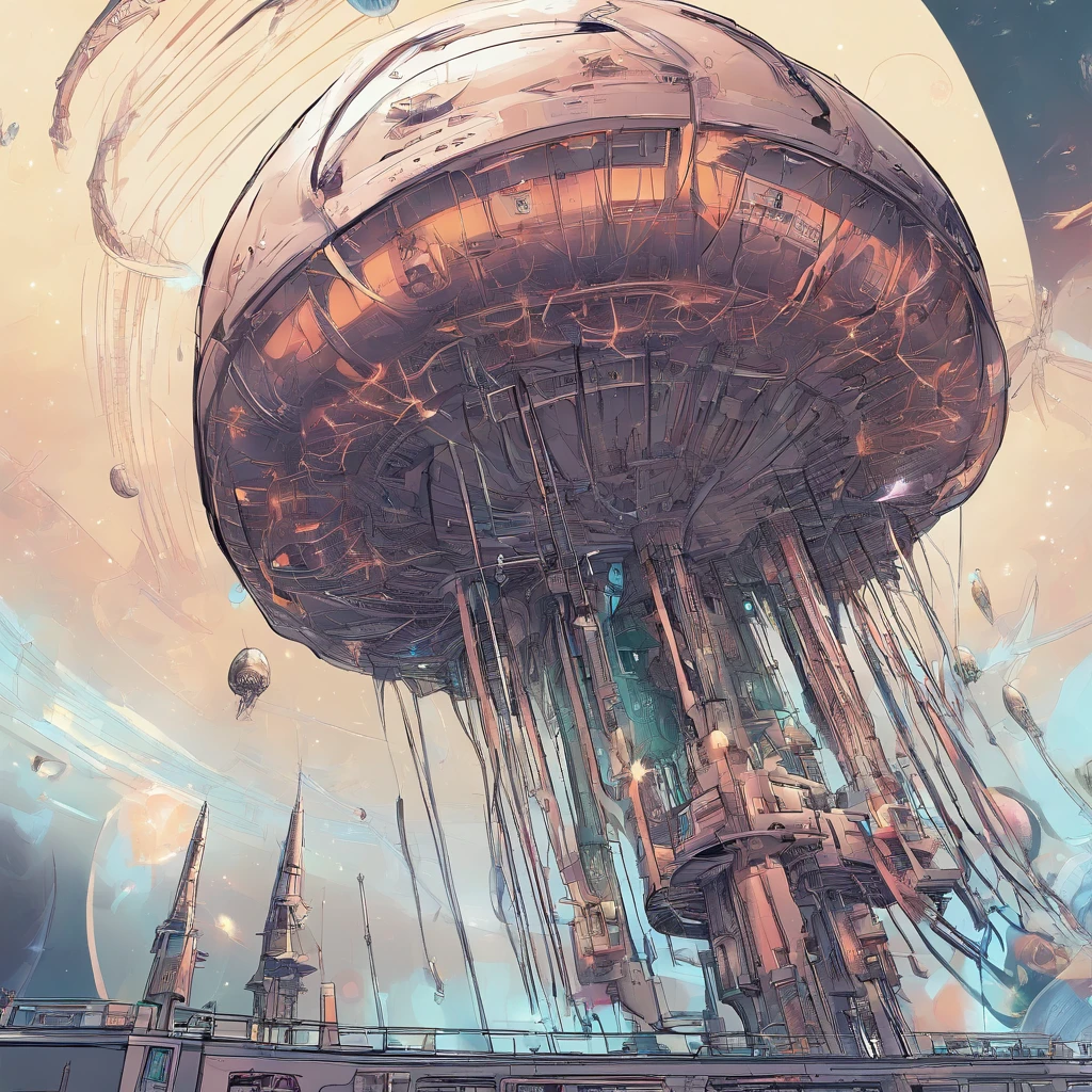 (Space structure resembling a jellyfish, slowly rotating,:1.5) A futuristic science fiction world, The giant structures orbiting the Earth's satellite orbit are castles that appear upside down. An upside-down castle, a giant cluster of antennas, (Best quality), (masterpiece:1.3), No ground, outer space, space opera, Ferris wheels, gears, weightlessness,