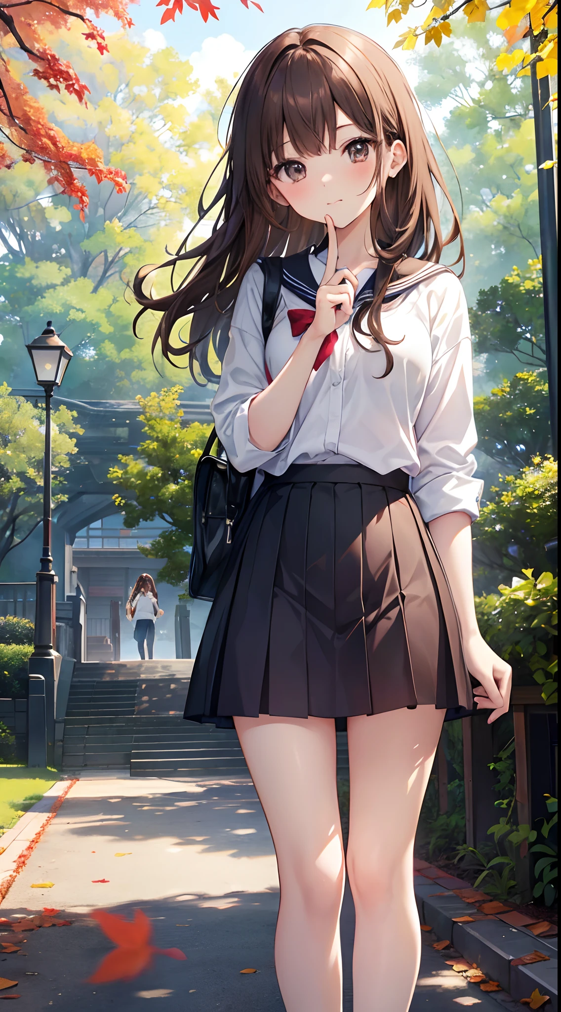 Hi-Res、masterpiece、Brown hair、Soio、Female one、hi-school girl、a park、Colored leaves、细致背景、A detailed eye、((Brown-eyed)),Beautiful and perfect legs, Clean and perfect hands(put index finger on mouth:1.2)