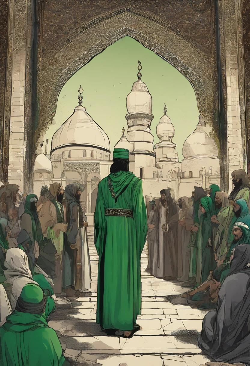 An arabian man with green robe telling parables in a crowd, mosque, 1400 years ago, Islamic elements, extremely detailed