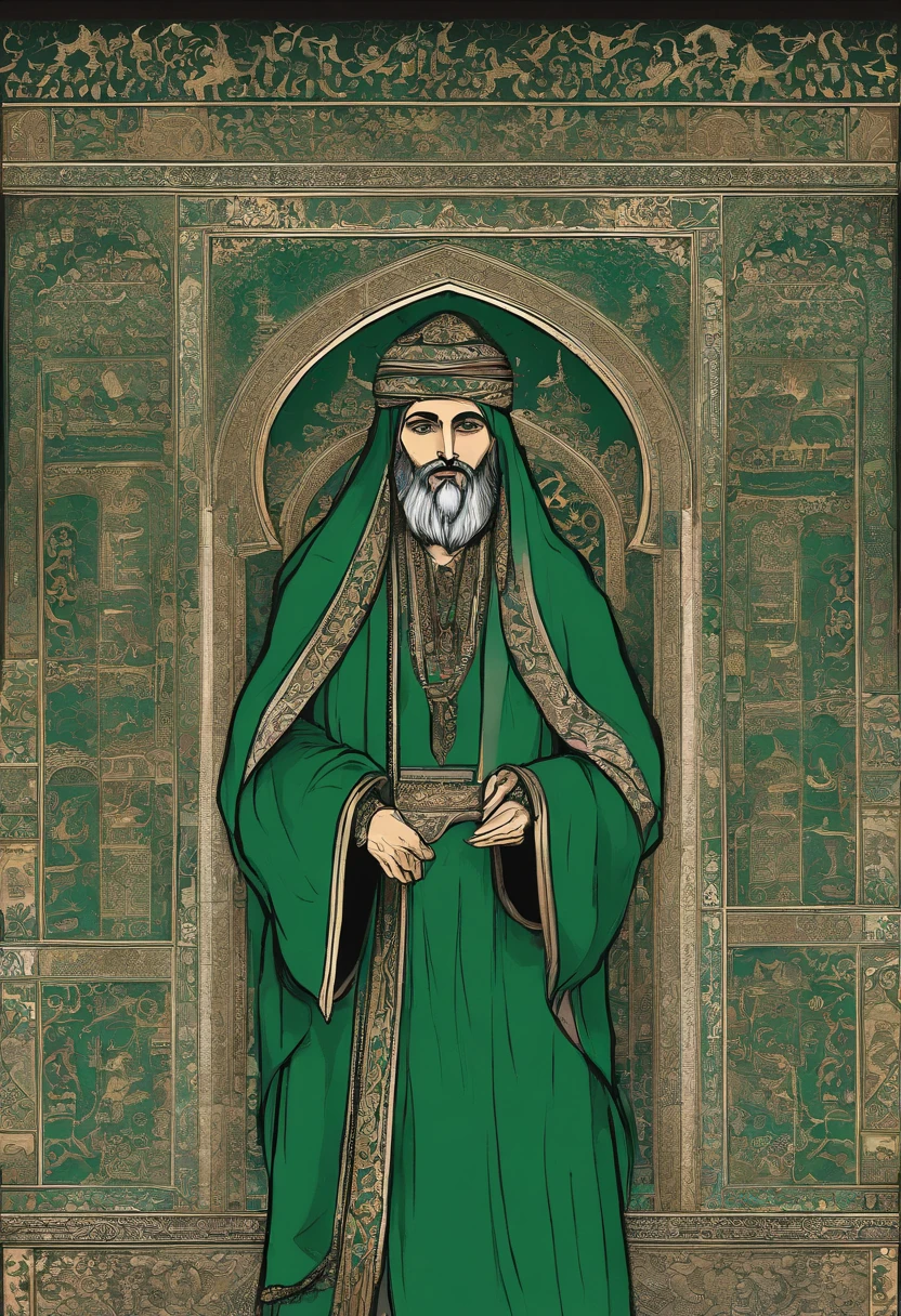 An arabian man with green robe telling parables in a crowd, mosque, 1400 years ago, Islamic elements, extremely detailed