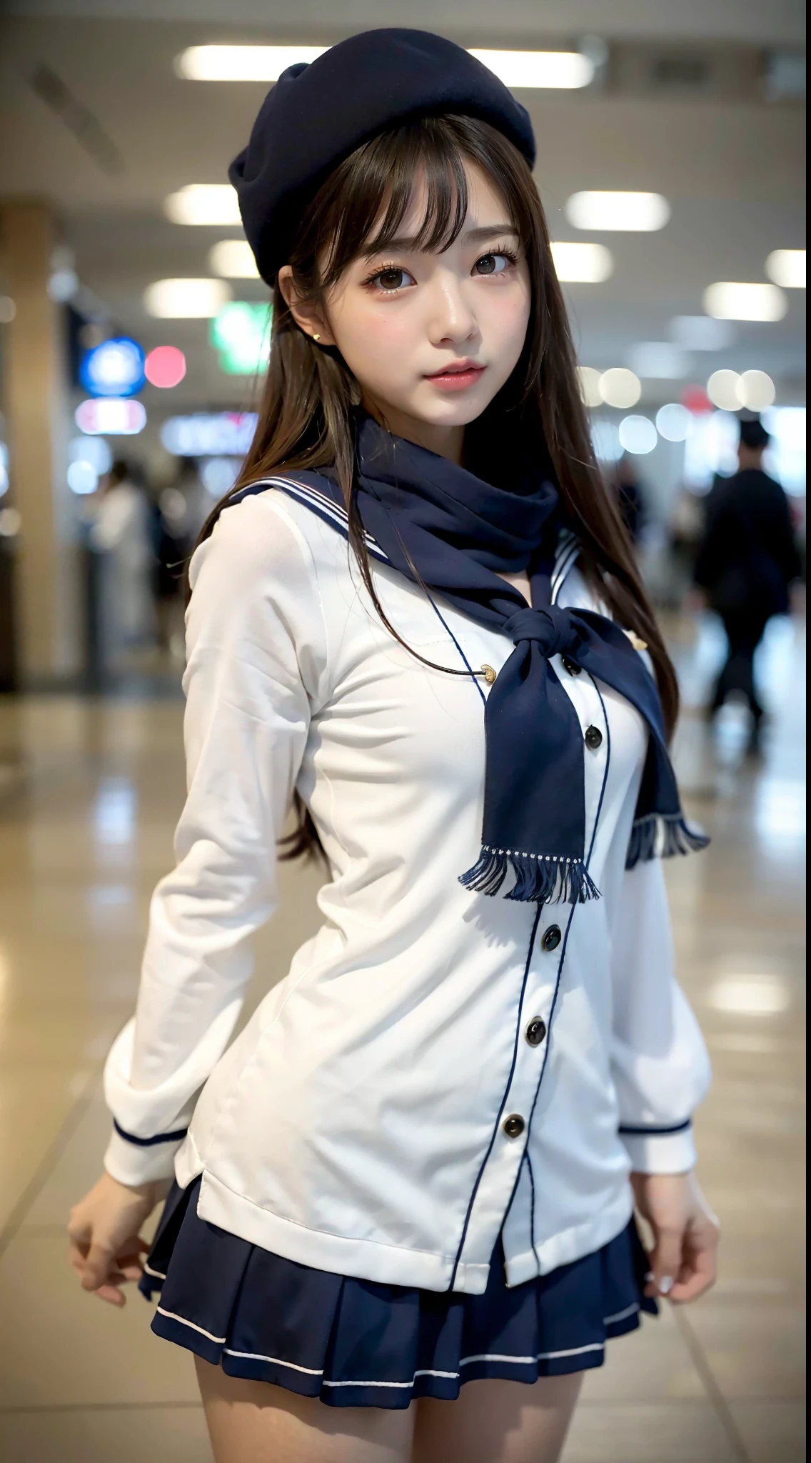 mix4, (16 K, Raw photography, Top image quality, ​masterpiece: 1.45), (realisitic, Photorealsitic: 1.37), one girls, 7．5, etc、No skin exposure due to clothing、Well groomed、Random hairstyle、Standing figure，Daylight hours、a very cute,, profetional lighting, photon maping、physically-based renderingt, Gradient dark brown hair,Crisp backgrounds and high resolution, a handsome, Well-groomed and beautiful eyes、Large double eyelids、Very shiny、girl with, (((student clothes、Long sleeve sailor suit worn by Japan schoolgirl、Navy blue sailor color、scarf、a miniskirt, Small beret、high socks、lowfers))), Top Quality Photos, hight resolution, 1080p, (clearface), (Detailed face description), (Detailed hand description), (​masterpiece), (Exquisite CG)、extreme light and shadows、dishevled hair、master work、abundant detail、(Fine facial features)、(top quality photo)、(masuter piece)、(A detailed eye)、Look in front of you、Fine clavicle、((Slender big))、(((Japan schoolgirl in sailor suit)))、((Beautiful face like an idol))、((Airport lobby、Before check-in、Airplane seen from the window))、(((neat and cute)))、耳Nipple Ring、A big smile、Drawing the whole body from the knees、Do not draw nasolabial folds、(((Cute sailor suit)))、(Big breasts that hang down big:1.2)、Big buttocks with tension、Two arms and two legs、(((from the front side:0.3)))、bare hand、No mask、