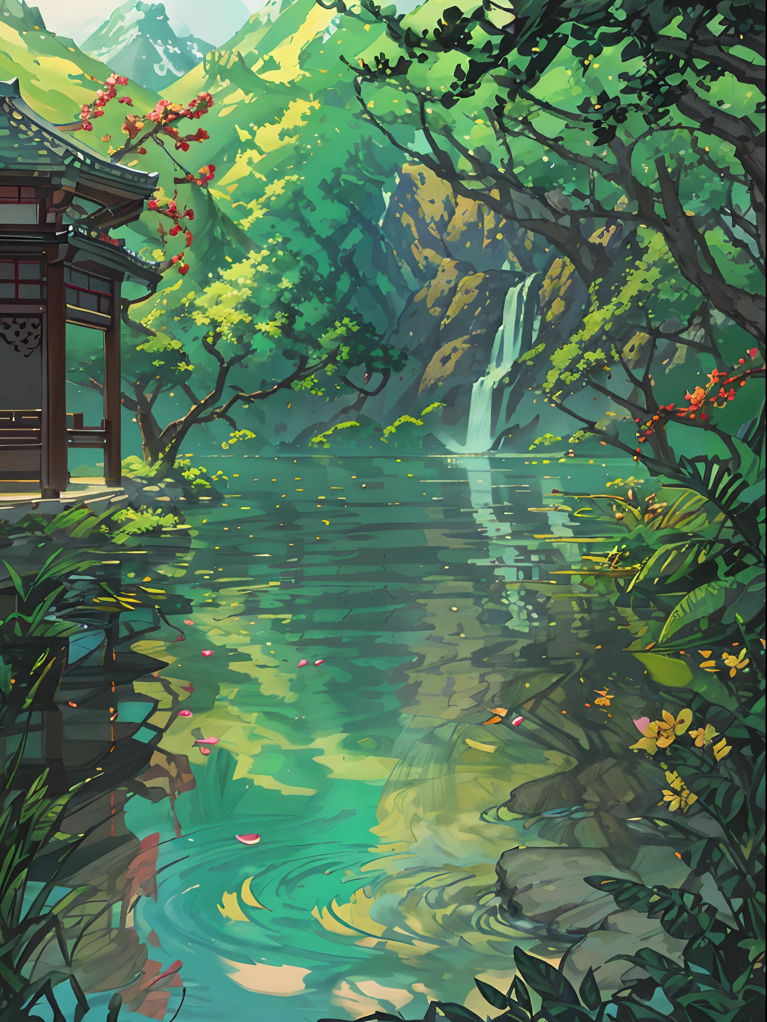 Chinese ancient times, spring, jungle, lake, cave, waterfall, tree, meadow, rock, deer, hot spring, water vapor, (illustration: 1.0), epic composition, realistic lighting, HD details, masterpiece, best quality, (very detailed CG unified 8k wallpaper)