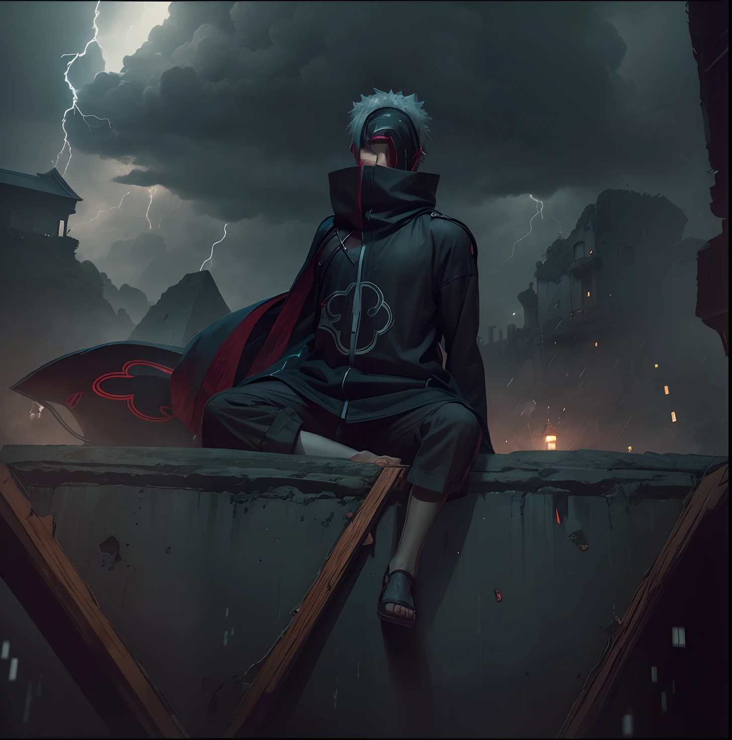 Obito uchiha A heartbroken picture of Obito Uchiha in the rain and thunder, imagining a big fort.
(best quality,4k,8k,highres,masterpiece:1.2), ultra-detailed, (realistic, photorealistic, photo-realistic:1.37), rain and thunderstorm, intense emotions, sad expression, teary eyes, wet hair, dripping raindrops on the face, crumbling fort, gloomy atmosphere, dark clouds, lightning strikes, shattered dreams, broken heart, heavy raindrops, muddy ground, desperate eyes, abandoned fort, overgrown with vines, ruined walls, lost hope, pouring rain, thunderous sound, stormy weather, dramatic lighting, atmospheric setting.