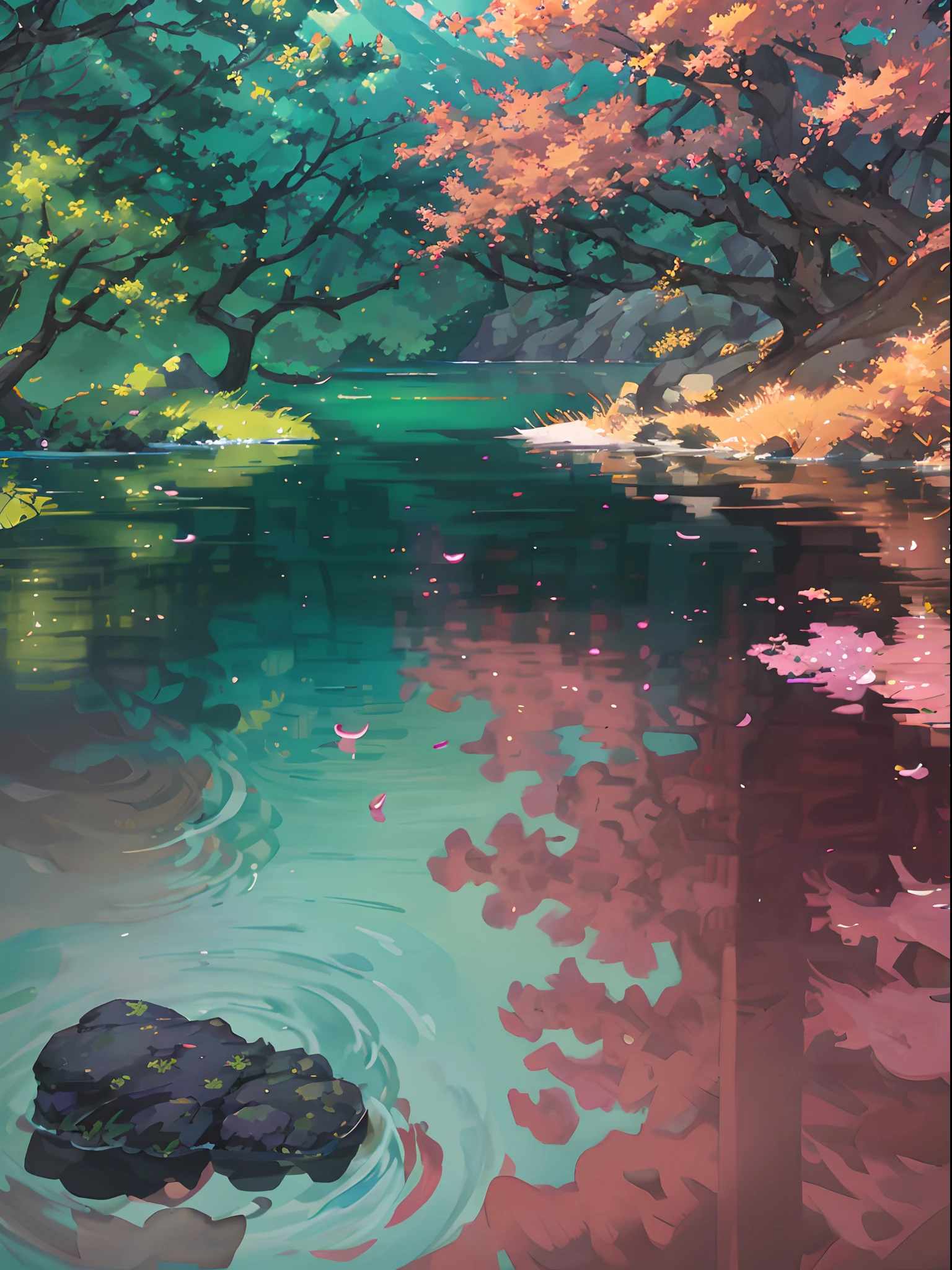 Chinese ancient times, spring, jungle, lake, cave, waterfall, tree, meadow, rock, deer, hot spring, water vapor, (illustration: 1.0), epic composition, realistic lighting, HD details, masterpiece, best quality, (very detailed CG unified 8k wallpaper)
