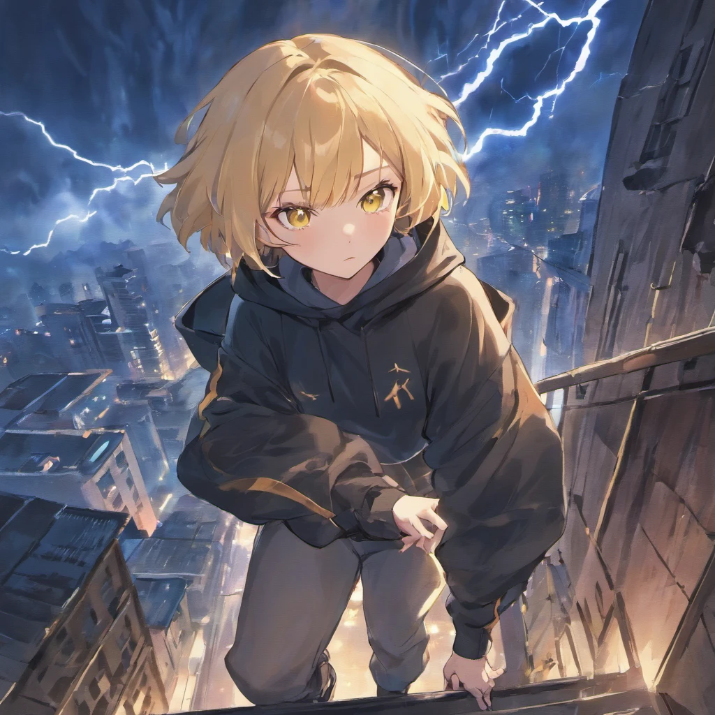 adult woman, with blonde short hair, yellow eyes, wearing long pants, black hoodie, using lightning magic, on top of the building