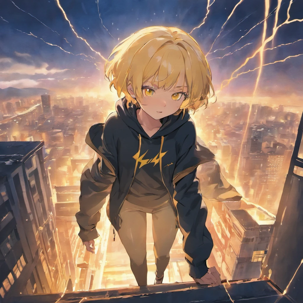 adult woman, with blonde short hair, yellow eyes, wearing long pants, black hoodie, using lightning magic, on top of the building