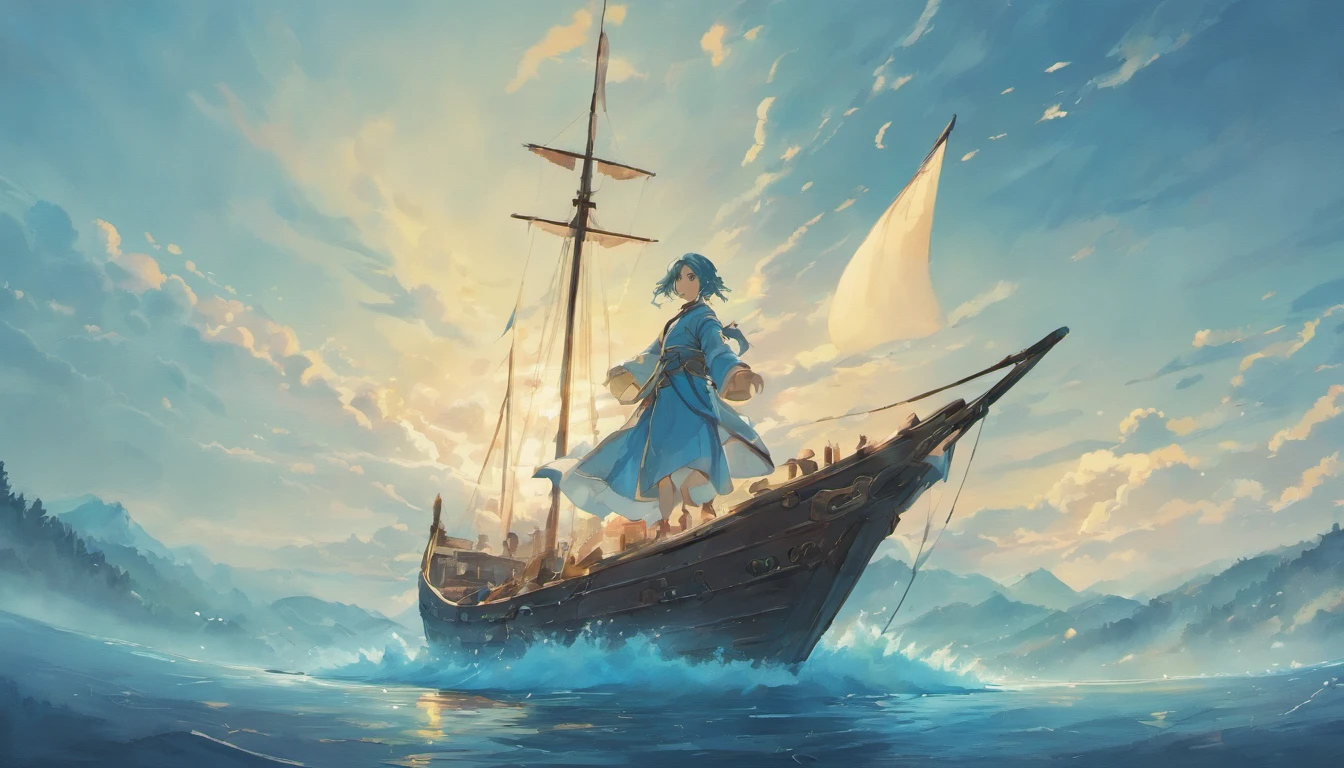 A woman in a blue dress is standing on a boat in the ocean - SeaArt AI