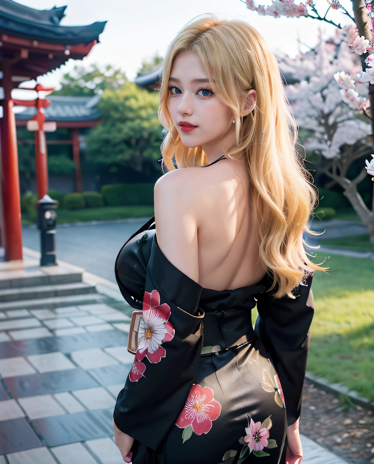 1girl, (Blue eyes), smiling, (Sana Minatozaki), wide hips, Big Boobs, big ass, (Best Quality, 8k, Masterpiece: 1.3), Clear Focus: 1.2, Perfect Body Beauty: 1.4, Slender Abs: 1.2, Highly detailed face and skin texture, detailed eyes, double eyelids, red lips, red lips, (blonde long hair), (flowered black yukata suit :1.2), standing, look back, back view, dynamic pose, in a ryokan, sakura flowers, deep on field