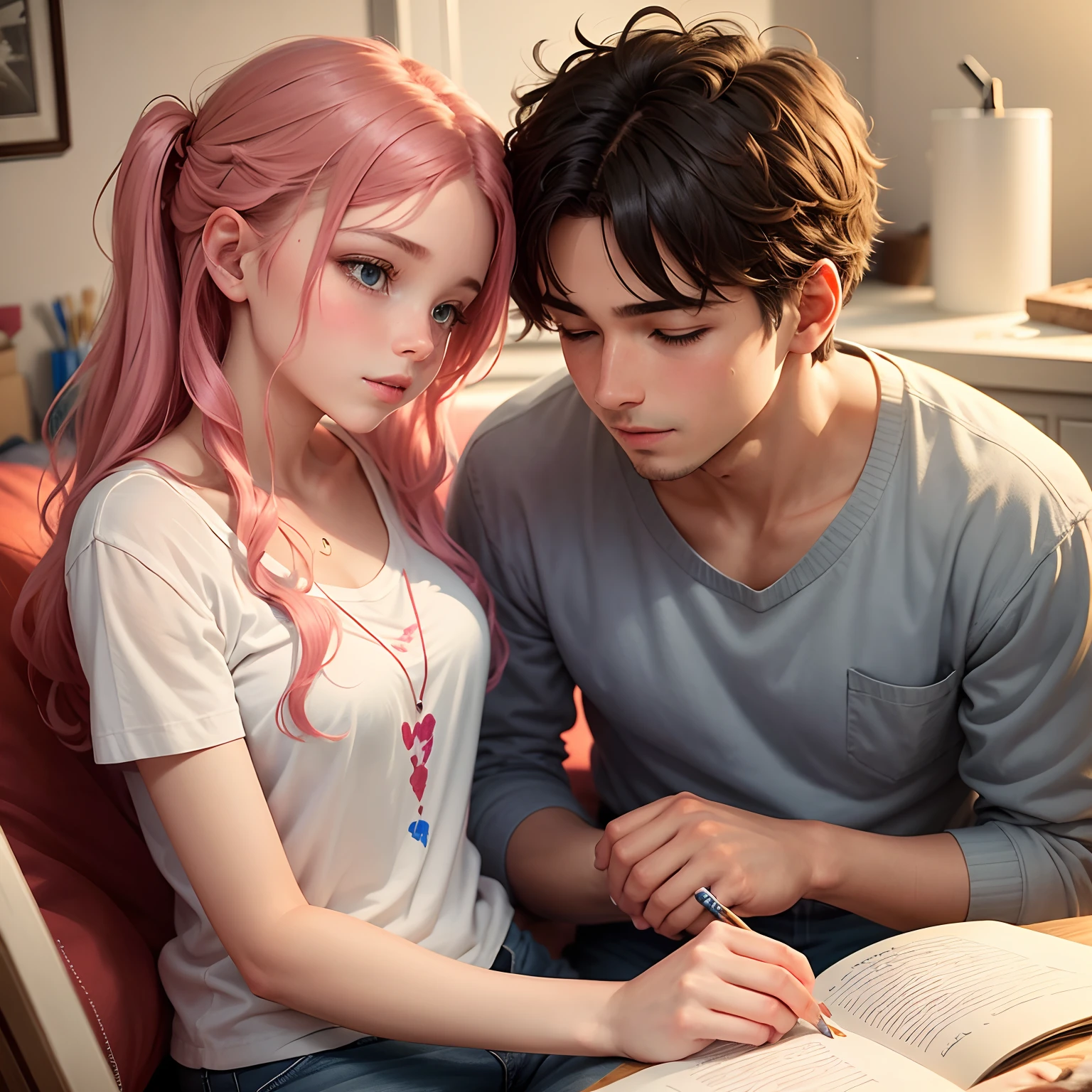 Certainly, here's another prompt:
"Paint a vivid picture of a young couple creating a beautiful memory while spending time together in the boy's room."