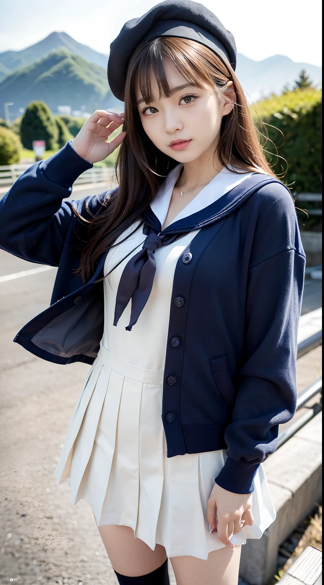 mix4, (16 K, Raw photography, Top image quality, masterpiece: 1.45), (realisitic, Photorealsitic: 1.37), one girls, 7.5, etc、Random hairstyle、Standing figure,Daytime、a very cute,countryside view,, profetional lighting, photon maping、physically-based renderingt, Gradient dark brown hair,Crisp backgrounds and high resolution, a handsome, Well-groomed and beautiful eyes、Large double eyelids、Very shiny、girl with, (((student clothes、Winter clothes、Sailor suit worn by Japan schoolgirl、Navy blue sailor color、scarf、a miniskirt, Small beret、high socks、lowfers))), Top Quality Photos, hight resolution, 1080p, (clearface), (Detailed face description), (Detailed hand description), (masterpiece), (Exquisite CG)、extreme light and shadows、dishevled hair、master work、abundant detail、(Fine facial features)、(top quality photo)、(masuter piece)、(A detailed eye)、Look in front of you、Fine clavicle、((Slender big))、(((Japan schoolgirl in sailor suit)))、((Idle system))、((country、train track、railroad crossing、Mountains in the distance々))、(((neat and cute)))、耳Nipple Ring、A big smile、Drawing the whole body from the knees、Do not draw nasolabial folds、(((Long sleeve sailor suit)))、(Big breasts that hang down big:1.2)、Big buttocks with tension、Two arms and two legs、(((from the front side:0.3)))、bare hand、No mask、No skin exposure