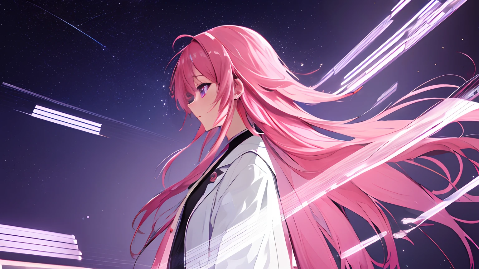 masterpiece, high quality, 8k, beautiful lighting, doga kobo, anime scene, profile, 1girl, fuxuan, pink hair, long hair, small to medium breast, purple eyes, white pharmacist coat, looking at viewer, faded away, space background, pink energy, glitching