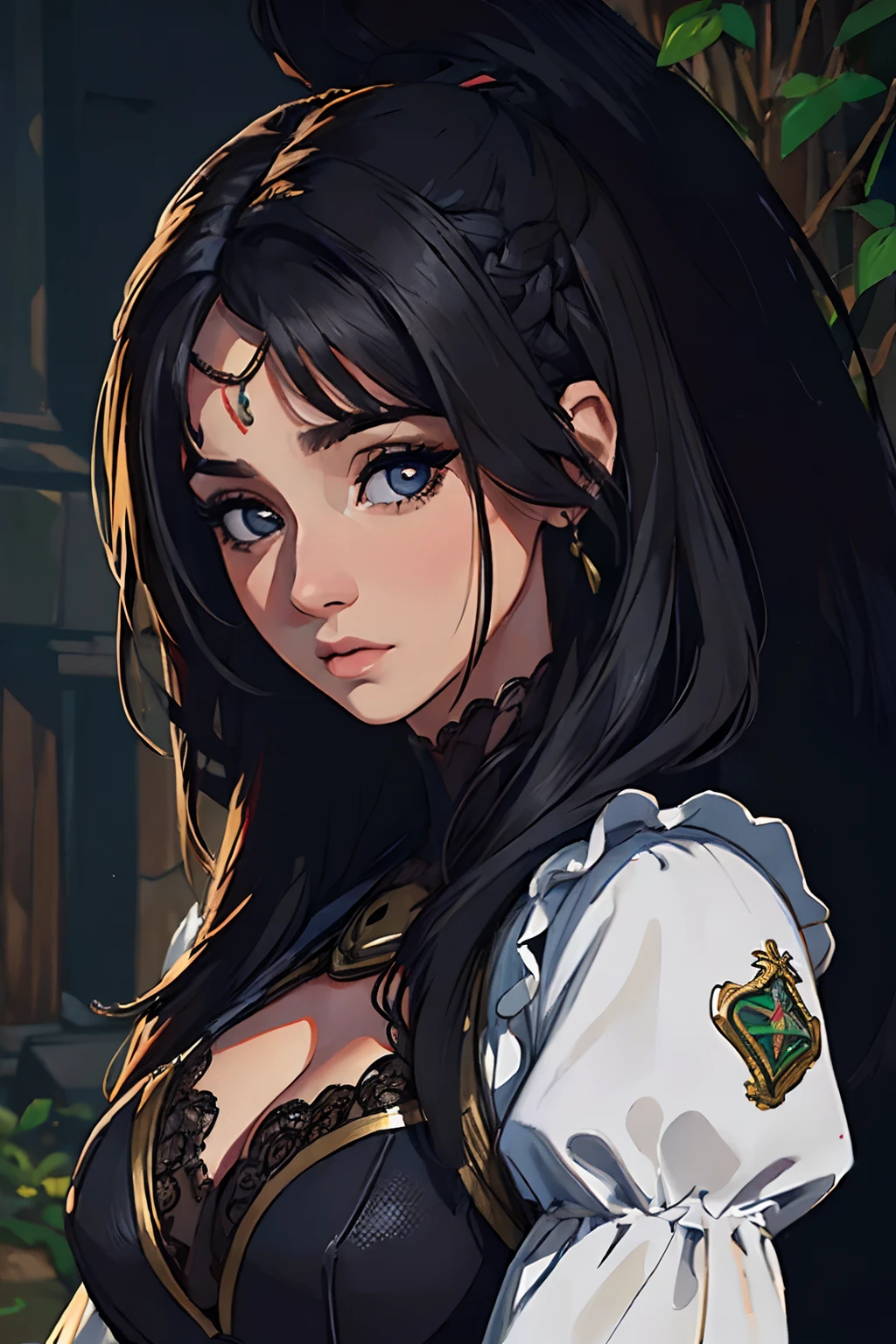 (melhor qualidade,ultra-detalhado,Realistic:1.37),uma mulher bonita com cabelo preto,roupas pretas medievais,em uma floresta escura,olhos azuis