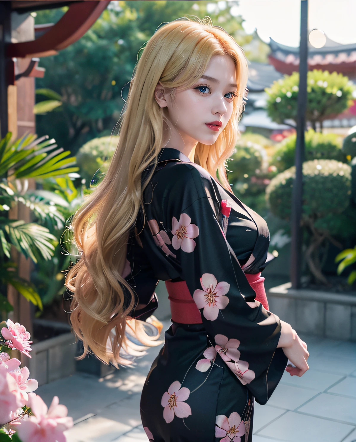 1girl, (Blue eyes), smiling, (Sana Minatozaki), wide hips, Big Boobs, big ass, (Best Quality, 8k, Masterpiece: 1.3), Clear Focus: 1.2, Perfect Body Beauty: 1.4, Slender Abs: 1.2, Highly detailed face and skin texture, detailed eyes, double eyelids, red lips, red lips, (blonde long hair), (flowered black yukata suit :1.2), standing, look back, back view, dynamic pose, in a ryokan, sakura flowers, deep on field