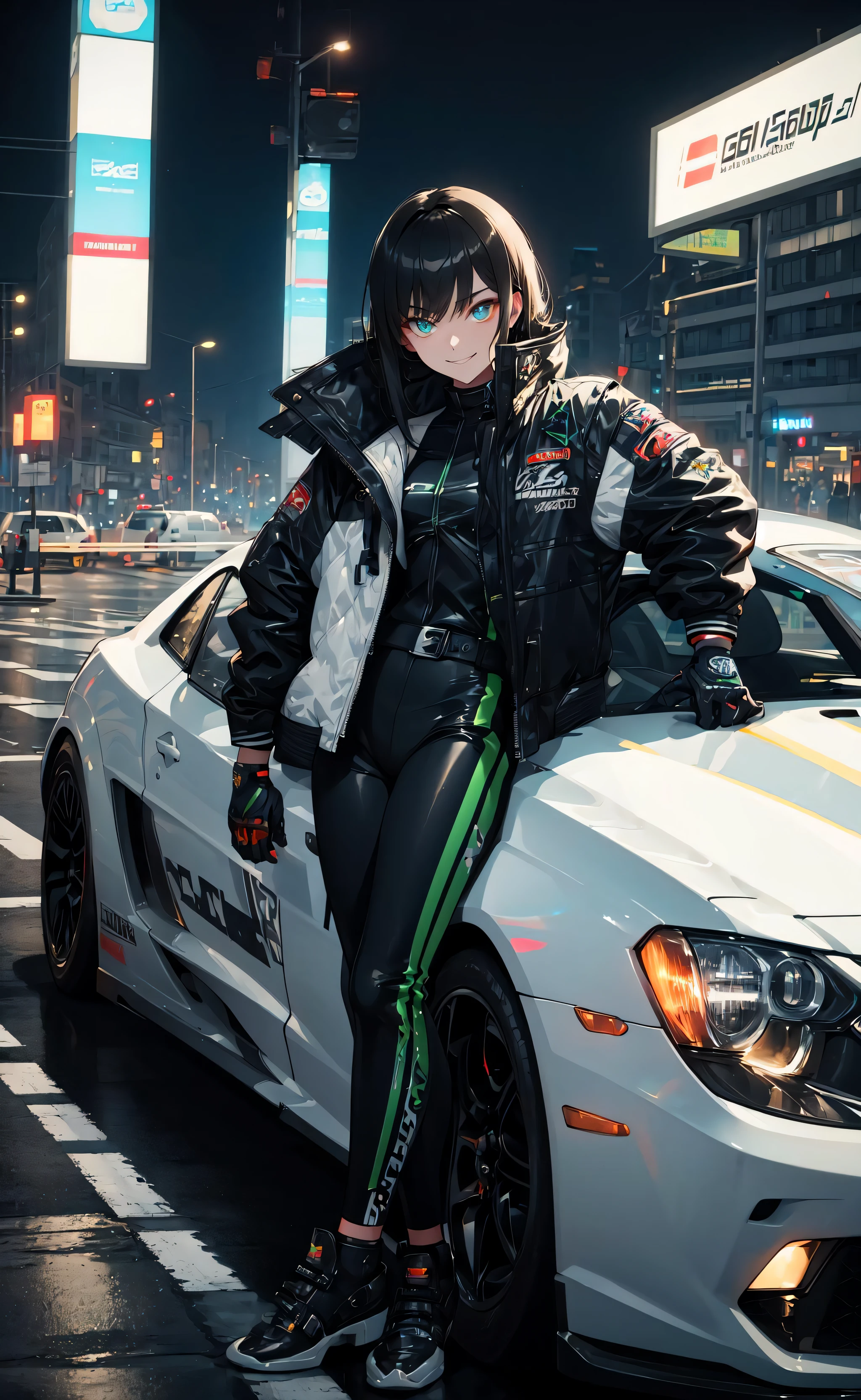 masterpiece, best quality, leaning against car, underground street racing, oversized racing jacket, racing gloves, oversized clothes, night, glow, glowing, close-up, smug, (smile:0.8)