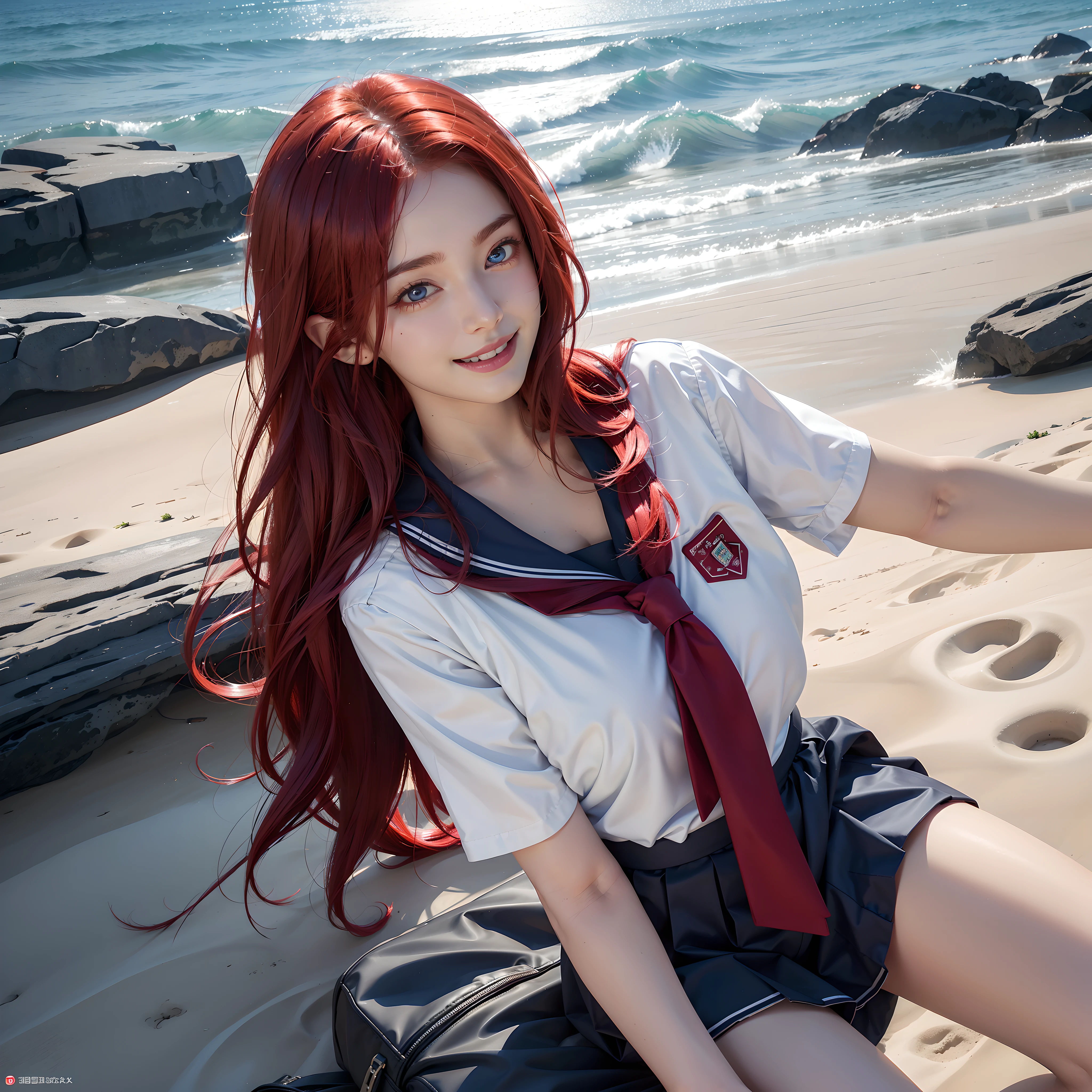 Top quality, very detailed, 1 person, 8K, bright red hair, long hair, deep blue eyes, big tits, evening beach, (((hyper realistic))), smiling, front, school uniform, holding peropero candy in hand and offering it in front