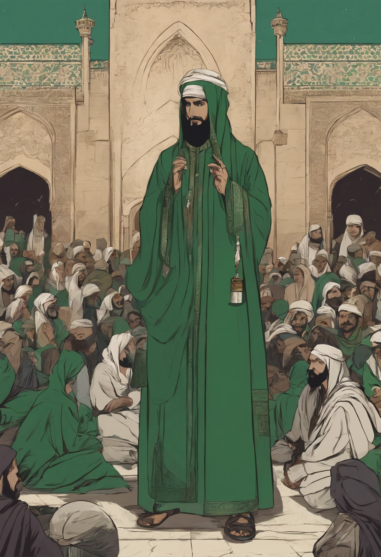 An arabian man with green robe telling parables in a crowd, mosque, 1400 years ago, Islamic elements, extremely detailed