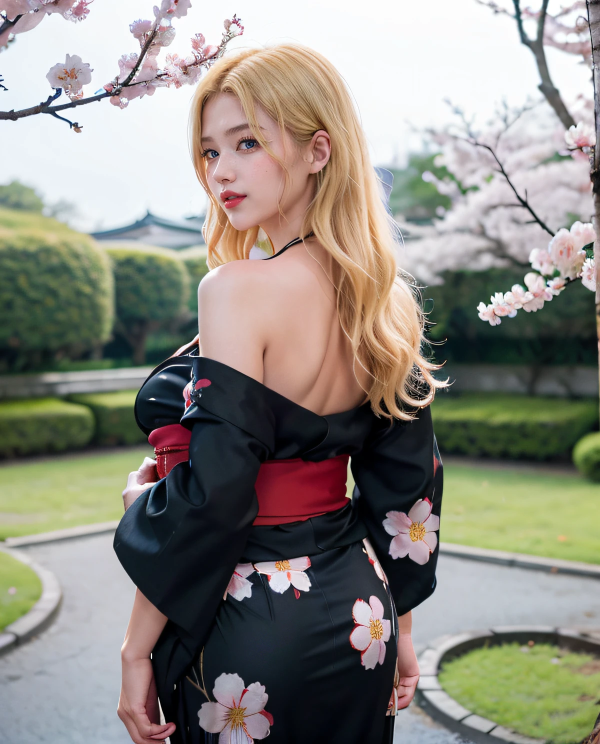 1girl, (Blue eyes), smiling, (Sana Minatozaki), wide hips, Big Boobs, big ass, (Best Quality, 8k, Masterpiece: 1.3), Clear Focus: 1.2, Perfect Body Beauty: 1.4, Slender Abs: 1.2, Highly detailed face and skin texture, detailed eyes, double eyelids, red lips, red lips, (blonde long hair), (flowered black yukata suit :1.2), standing, look back, back view, dynamic pose, in a ryokan, sakura flowers, deep on field