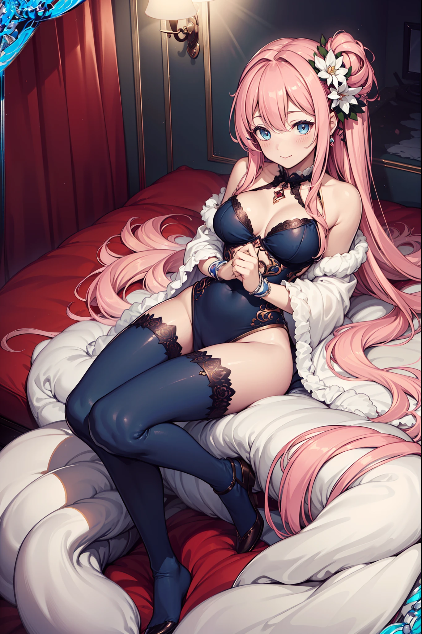 (Best quality,4K,8K,A high resolution,Masterpiece:1.2),Ultra-detailed,Lots of garlands,teens girl,Enchanting,cheerfulness,divino,Light pink hair,pale blue color eyes,exquisite costumes,A small amount of lace,Bedrooms,solo person,the night,lacepantyhose,Fleece,Lie down