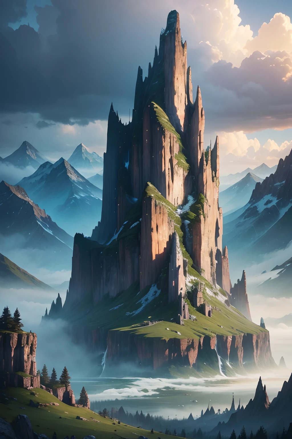 Mountains with waterfalls and a few trees in the foreground, Impressive fantasy landscapes, epic landscapes, Fantasy Matte Painting,Cute, fantasy art landscape, The most majestic scenery, 4K HD Matte Digital Painting, Epic Fantasy Landscape, 4k highly detailed digital art, epic dreamlike fantasy landscape, Epic landscapes, 4K Matte Painting, ros tran. scenic background