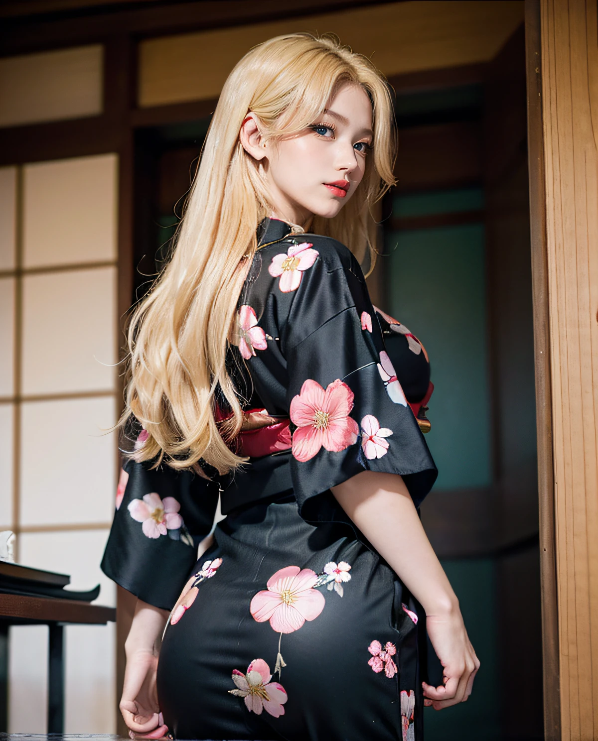 1girl, (Blue eyes), smiling, (Sana Minatozaki), wide hips, Big Boobs, big ass, (Best Quality, 8k, Masterpiece: 1.3), Clear Focus: 1.2, Perfect Body Beauty: 1.4, Slender Abs: 1.2, Highly detailed face and skin texture, detailed eyes, double eyelids, red lips, red lips, (blonde long hair), (flowered black yukata suit :1.2), standing, look back, back view, dynamic pose, in a ryokan, sakura flowers, deep on field