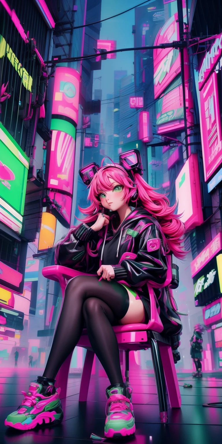 anime green with pink hair sitting on a chair in a neon city, long curly hair, cyberpunk anime girl in hoodie, cyberpunk anime girl, anime style 4 k, anime cyberpunk art, best anime 4k konachan wallpaper, digital cyberpunk anime art, female cyberpunk anime girl, digital cyberpunk - anime art, cyberpunk anime art, anime cyberpunk, cyberpunk streetwear, cyberpunk art style