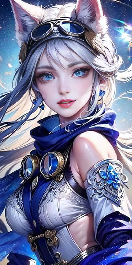 (Top resolution, Distinct_image) Best Quality, Women's masterpieces, Highly detailed, 1womanl，solo person，Half realistic, (Systemic), Silver hair, Bangs, 18 years old, Short Grey Silver Lace Skirt, (((Perfect face:1))), Sharp face, v-line jaw, (Big almond eyes), (Bright blue eyes), (((a serene smile:)), (Exquisite facial features, Exquisite facial features), adolable, Grey Color Dolce, Silvery little cat ears, (((hair that completely obscures the ears,,,,,,))), (((Wearing blue lens goggles))), (Black scarf with blue floral pattern and intricate design), Big galaxy in the background,