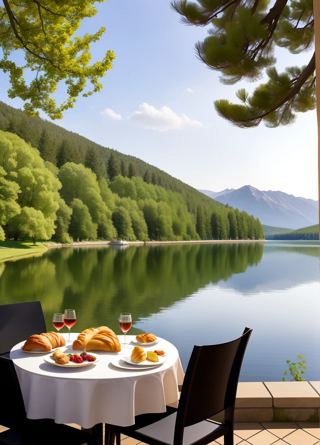 morning, A place near the lake. the trees. terrace, There is a bouquet on the table, Cups of coffee, Vases with fruits and berries. A dish with croissants