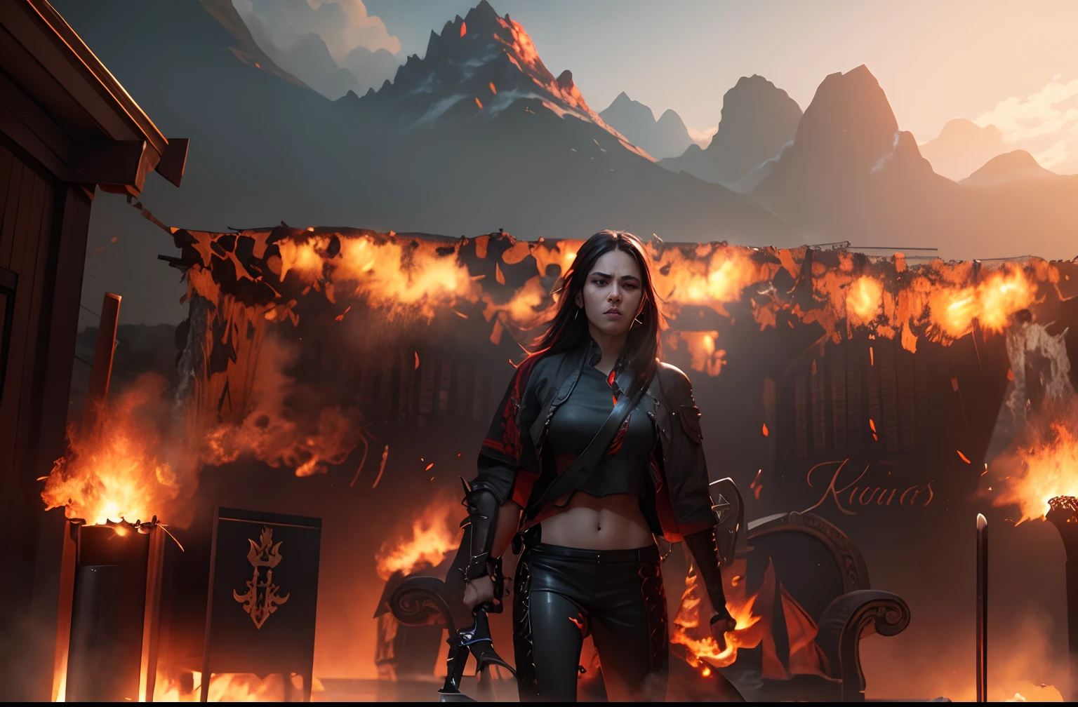 Warrior, sword, angry, black wings, badass, 8k , ultra realistic image, realistic face, background, fire, massive.
