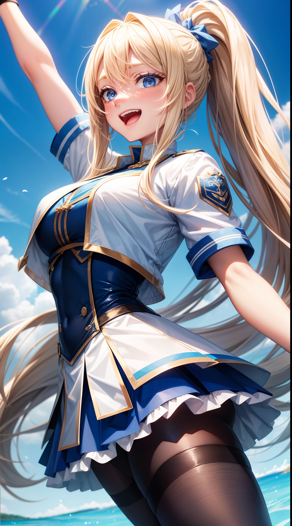 young girl, Long blond hair, two ponytails, blue eyes, white jacket, short sleeves, blue tight top, blue skirt, tights, smile, open mouth, Masterpiece, hiquality, 4k, HD, Good detail