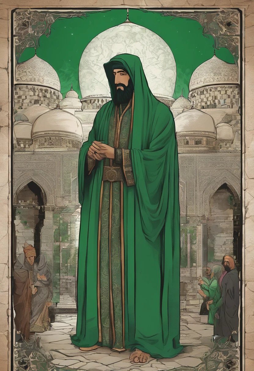 An arabian man with green robe standing on a rock and telling parables in a crowd, mosque, 1400 years ago, Islamic elements, extremely detailed