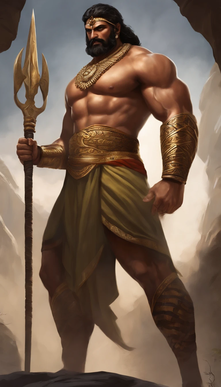 Bhima possesses a Herculean physique that dominates the space around him. He stands with an imposing stature, head held high, and shoulders squared. His chest is like a massive bulwark, a testament to his unparalleled strength. The sinewy muscles ripple beneath his skin, conveying power that seems ready to burst forth at any moment.

His limbs are thick and robust, resembling ancient tree trunks, showcasing the incredible force he can muster. The veins on his arms stand out, pulsating with the vigor of a warrior who has faced countless battles. His hands, calloused and strong, can easily wield formidable weapons with unmatched precision.

Bhima's posture exudes readiness and assertiveness. There's a subtle forward lean, indicating his perpetual state of preparedness for combat. His legs are firmly planted, providing a solid foundation for his immense stature. The muscles in his legs are well-defined, emphasizing his ability to charge forward with tremendous force.

Bhima's attire is practical, tailored for battle. He may wear a sturdy dhoti or loincloth, allowing for unrestricted movement. His upper body might be adorned with armor, a testament to his warrior status. These garments serve to accentuate his imposing figure rather than encumber it.

His face is marked by a fierce and focused expression. His eyes, like smoldering coals, radiate an intense determination. Bhima's brow may be furrowed, indicating a mind that is always strategizing and anticipating the next move. His gaze is unwavering, locked onto the challenges that lie ahead.

In his hands, Bhima wields a formidable weapon, perhaps a mace or a club, extensions of his own colossal strength. The weapon is an extension of his being, a conduit through which he channels his might on the battlefield.