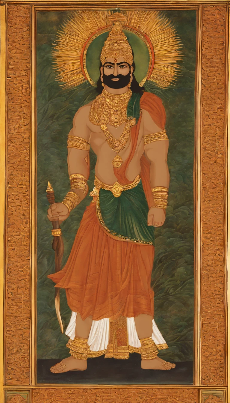 a painting of lord rama with bow and bow in hand, from ramayan, vishnu, inspired by Ram Chandra Shukla, attractive male deity, ashoka tano, holding his trident, indian god, legendary god holding spear, hindu god, the god of the sea, hindu gods, god of moon, hinduism, artemis, mythological painting, hindu art