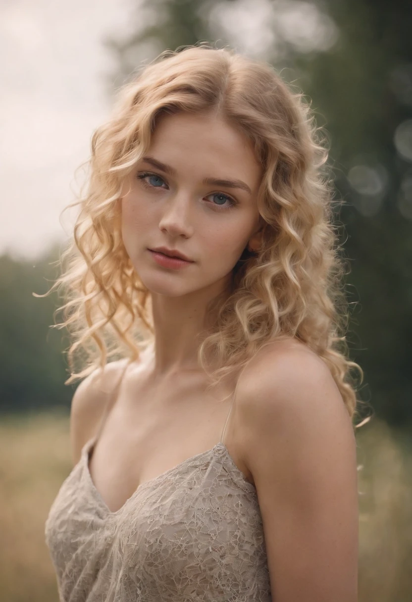 "Full body portrait of a charming 18 year old women with curly hay coloured hair, a late 80s look, small freckles, petite figure, beautiful face, captivating dark blue eyes, and modest bust size, showcasing her natural beauty."