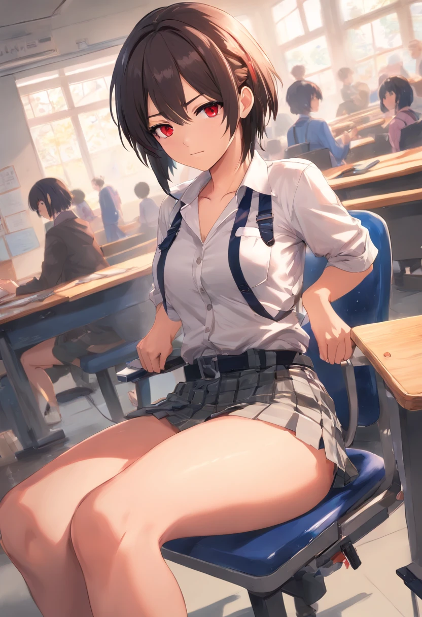 (Masterpiece, Best Quality: 1.2), yoru(Chainsaw Man),(hyper detailed face, Real Image, Realistic skin, realistic body, intriciate detail), Red Eyes (Intimidating look), light blush, Social clothing, Semi-open button-up shirt (white), White bra, skirt (black), Black belt with buckle, Head large (Trapped in a headband), Small breasts, close-up, big thighs, class room, blackboard.