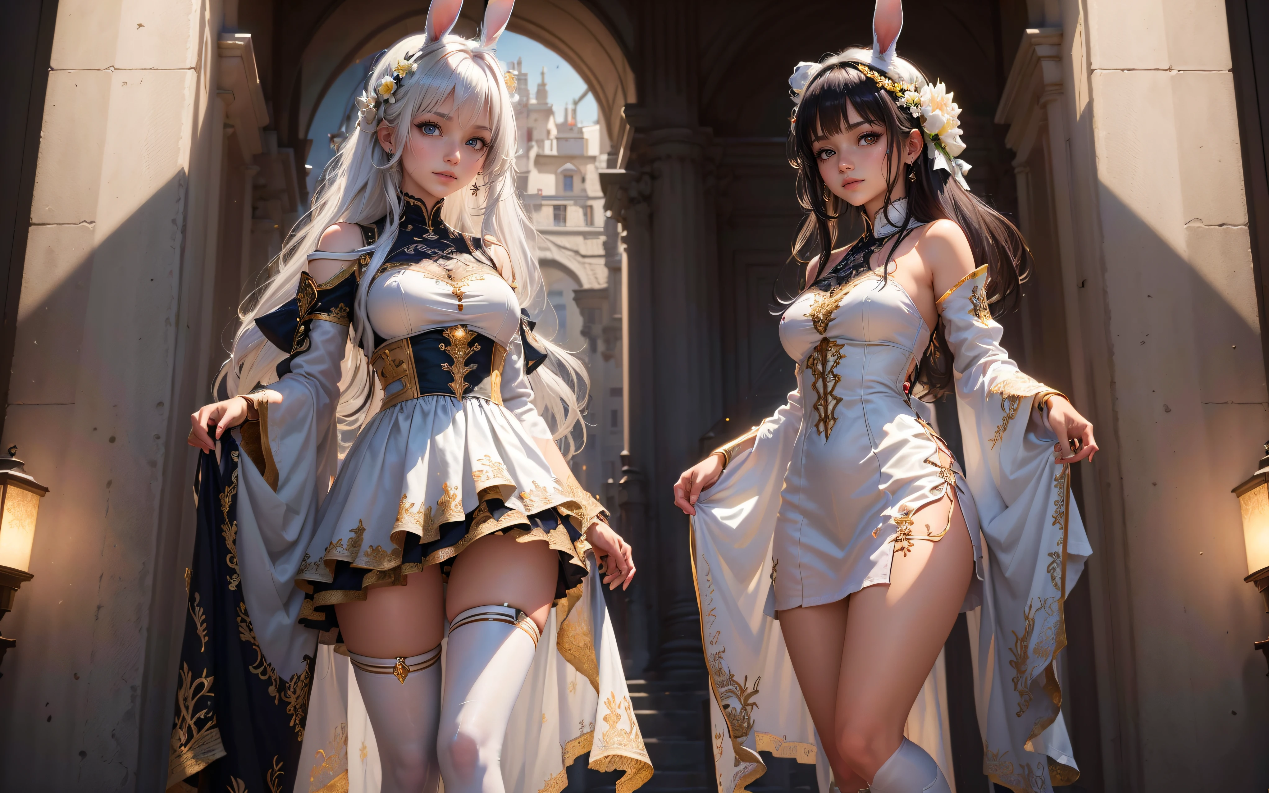 (Best picture quality, 8K, masterpiece: 1.3)), ((Cute girl Face, Both Eyes same)), ((One Girl, Bunny Girl, Bunny Ears, , Slightly Skinny, Short Hairs, Two legs)), ((Hide Fingers)), ((Cover Upper Part of Leg, Cover Thigh)), ((Perfect Face, Perfect Eyes, Bangs, Slim Cheeks, Perfect Lips)), ((Highly detailed face, Smile, standing on your feet:1.2)), ((Highly detailed facial and skin texture)), (Black hair), (Full traditional clothes, wearing full clothes), (cute), (anime girl in a dress, magic, full dress, Long skirt, artwork, fantasy art style, art, closeup fantasy, Power Full, CGI anime fantasy artwork, art)