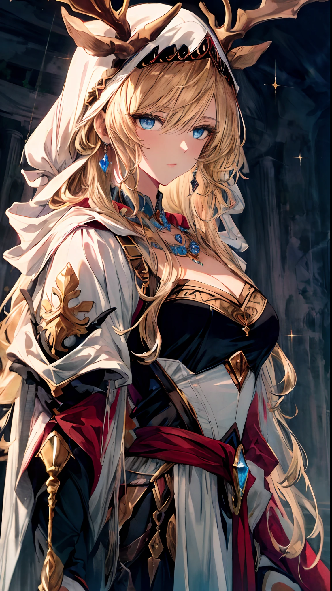 (Best quality, 4K, 8K, A high resolution, Masterpiece:1.2), Ultra-detailed, Noble maiden, Exquisite facial features,Long blonde curly hair details expressed, Graceful posture, Dreamy atmosphere, expressive brush strokes, mystical ambiance, Artistic interpretation,Delicately coiled hair,Floral jewelry with exquisite details, Crystal diamond jewelry,Small fresh aesthetics,Stunning intricate costumes, Fantasy illustration, Subtle colors and tones, The details have been upgraded