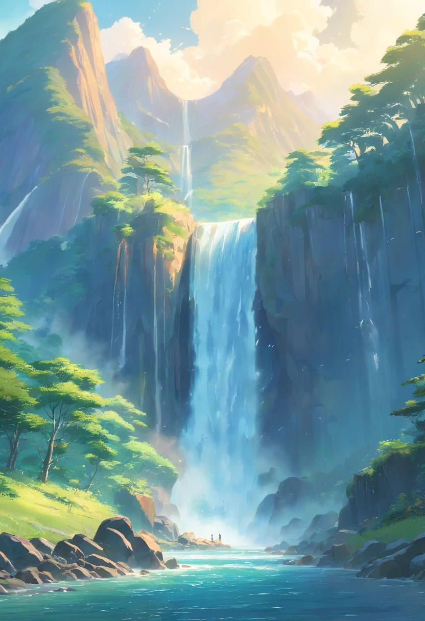 Mountains with waterfalls and a few trees in the foreground, Impressive fantasy landscapes, epic landscapes, Fantasy Matte Painting,Cute, fantasy art landscape, The most majestic scenery, 4K HD Matte Digital Painting, Epic Fantasy Landscape, 4k highly detailed digital art, epic dreamlike fantasy landscape, Epic landscapes, 4K Matte Painting, ros tran. scenic background