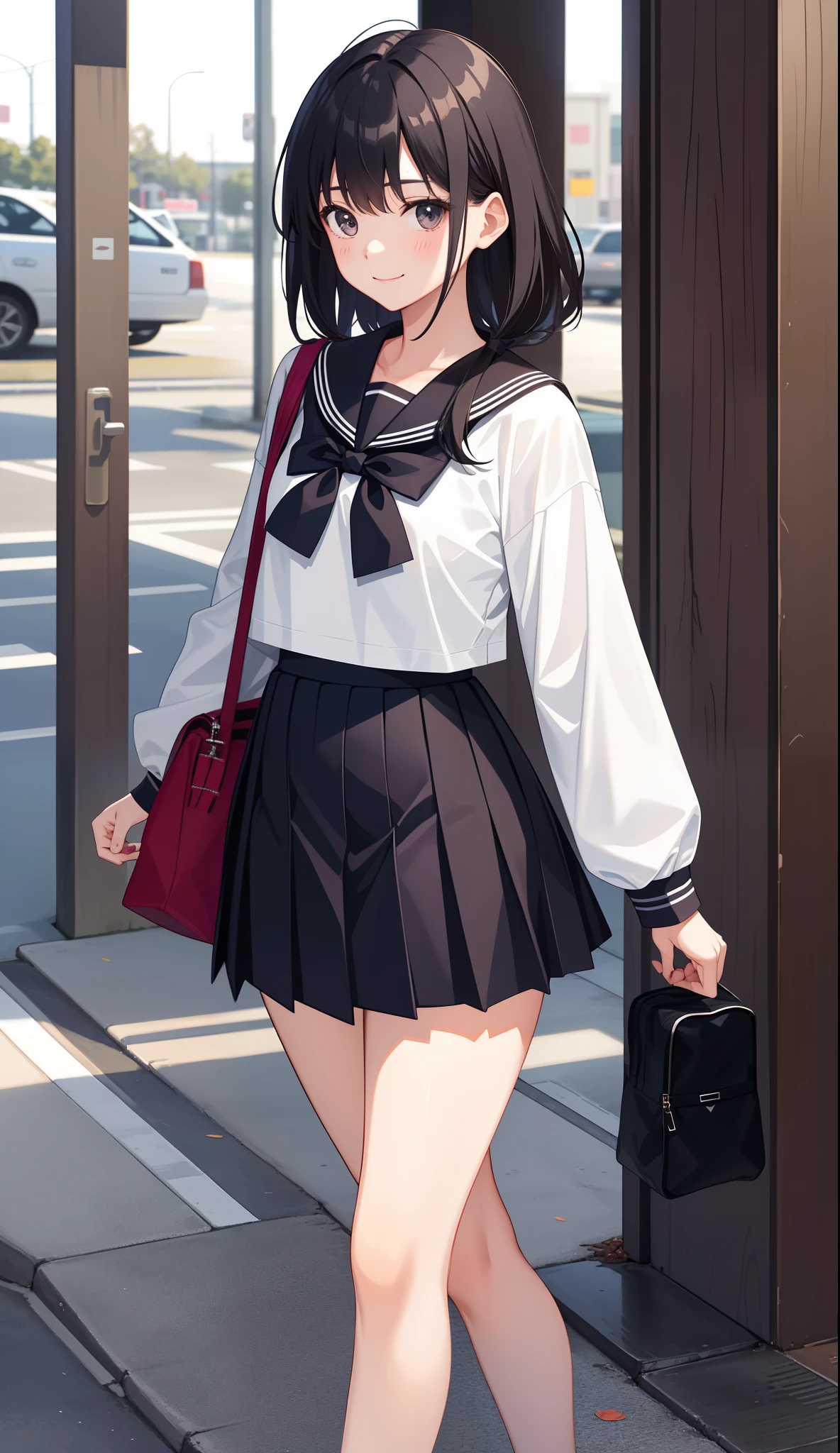 1girl in、AS-Adult、A smile、The shirt、skirt by the、(small tits)Japan High School、校服、serafuku、Walking with a thigh、Upper body portrait、