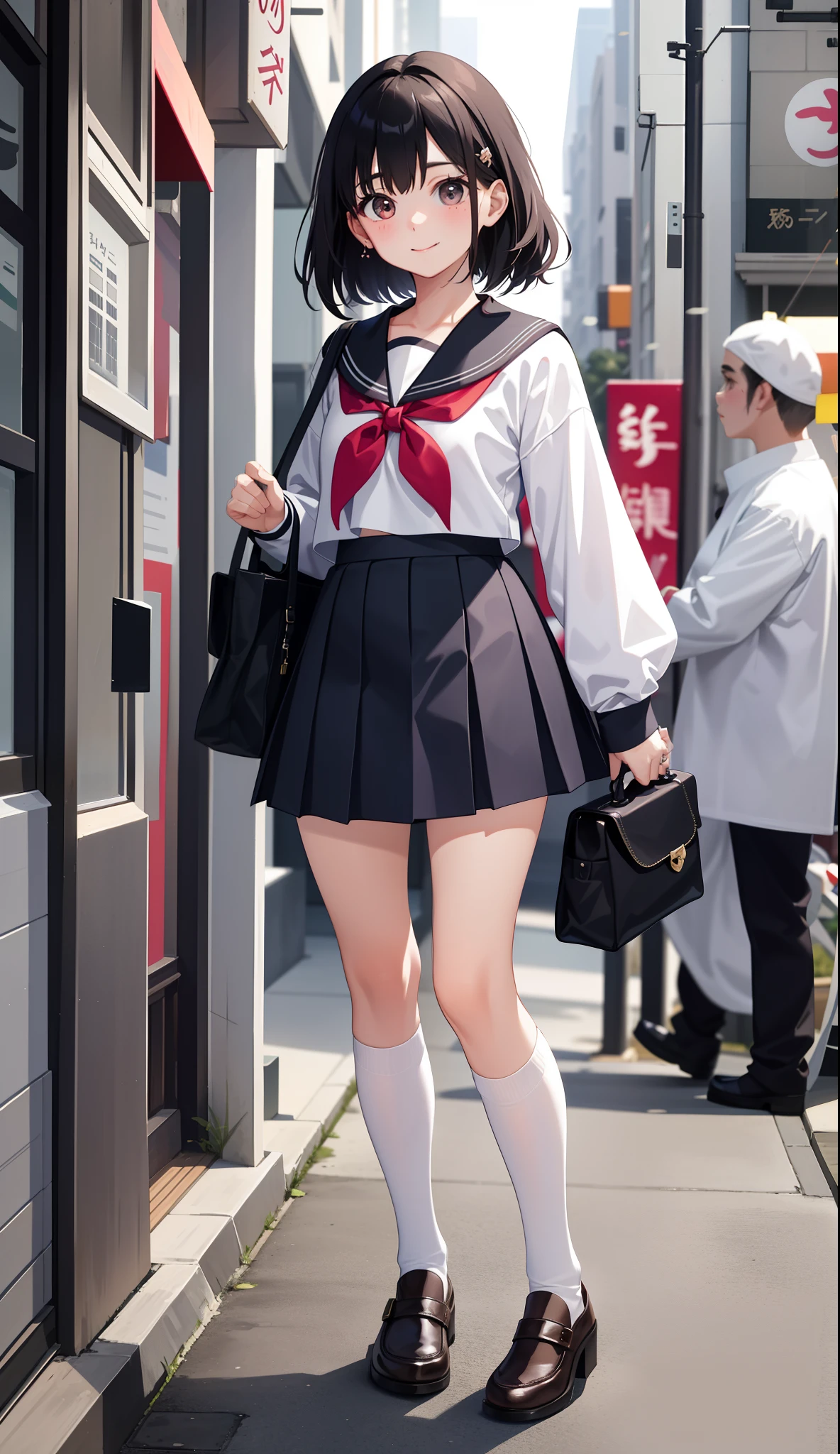 1girl in、AS-Adult、A smile、The shirt、skirt by the、（small tits）Japan High School、校服、serafuku、Walking with a thigh、Upper body portrait、