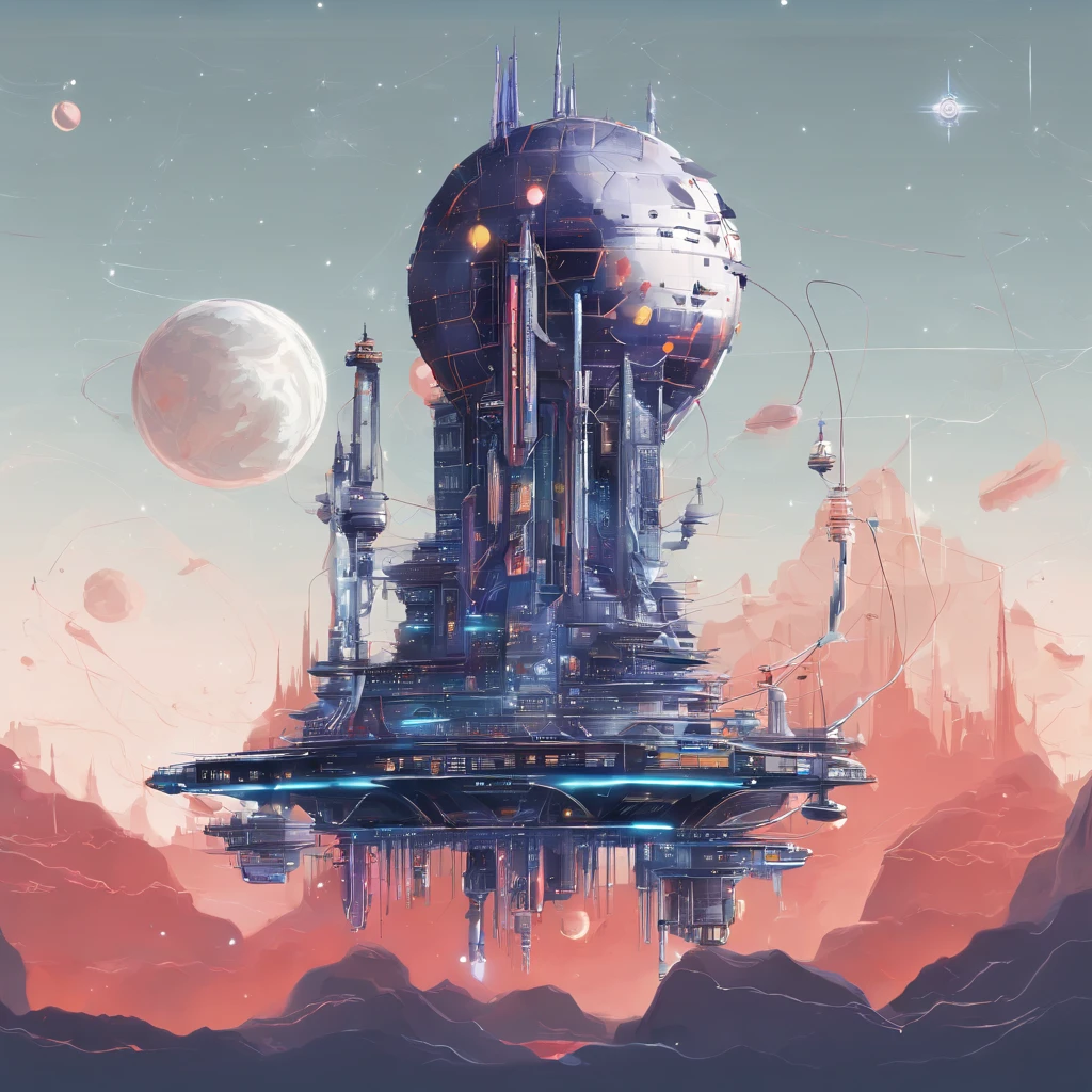 A futuristic science fiction world, (The giant structures orbiting the Earth's satellite orbit are castles that appear upside down:1.5), a giant cluster of antennas, (Best quality), (masterpiece:1.3), No ground, outer space, space opera, , weightlessness,