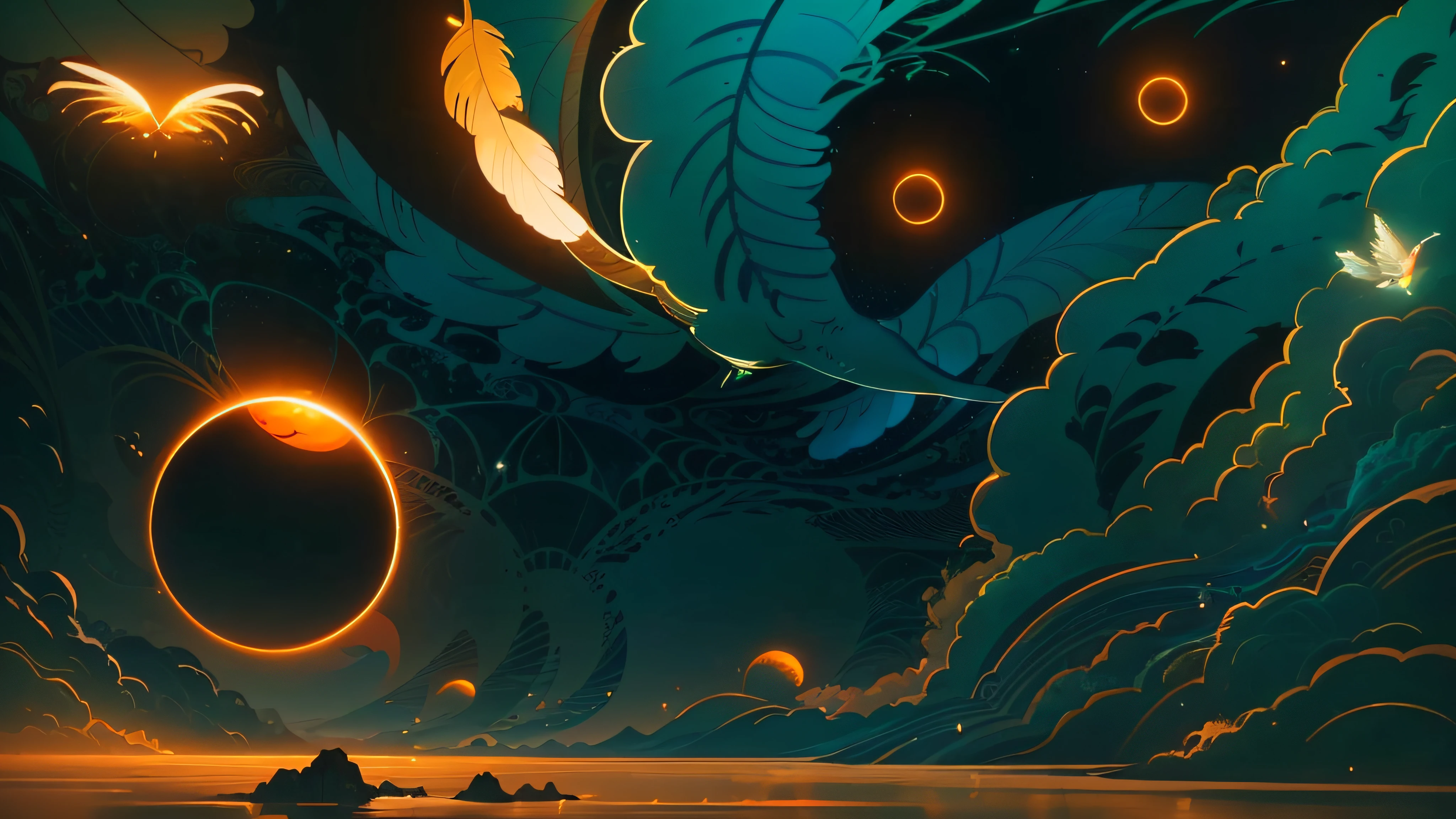 there is a painting of a bird flying over a body of water, jen bartel, 4k highly detailed digital art, 4k detailed digital art, 4k solarpunk wallpaper, cyril rolando and goro fujita, inspired by Kilian Eng, kilian eng vibrant colors, by Kilian Eng, inspired by Cyril Rolando