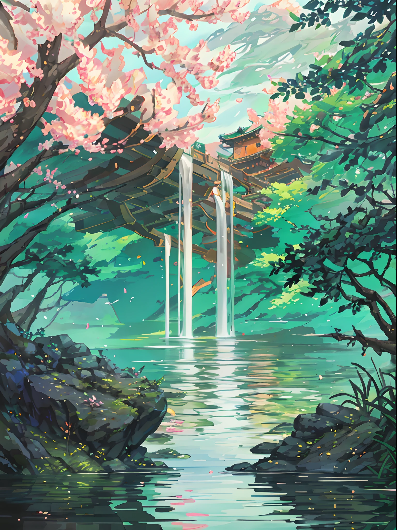 Chinese ancient times, spring, jungle, lake, cave, waterfall, tree, meadow, rock, deer, hot spring, water vapor, (illustration: 1.0), epic composition, realistic lighting, HD details, masterpiece, best quality, (very detailed CG unified 8k wallpaper)