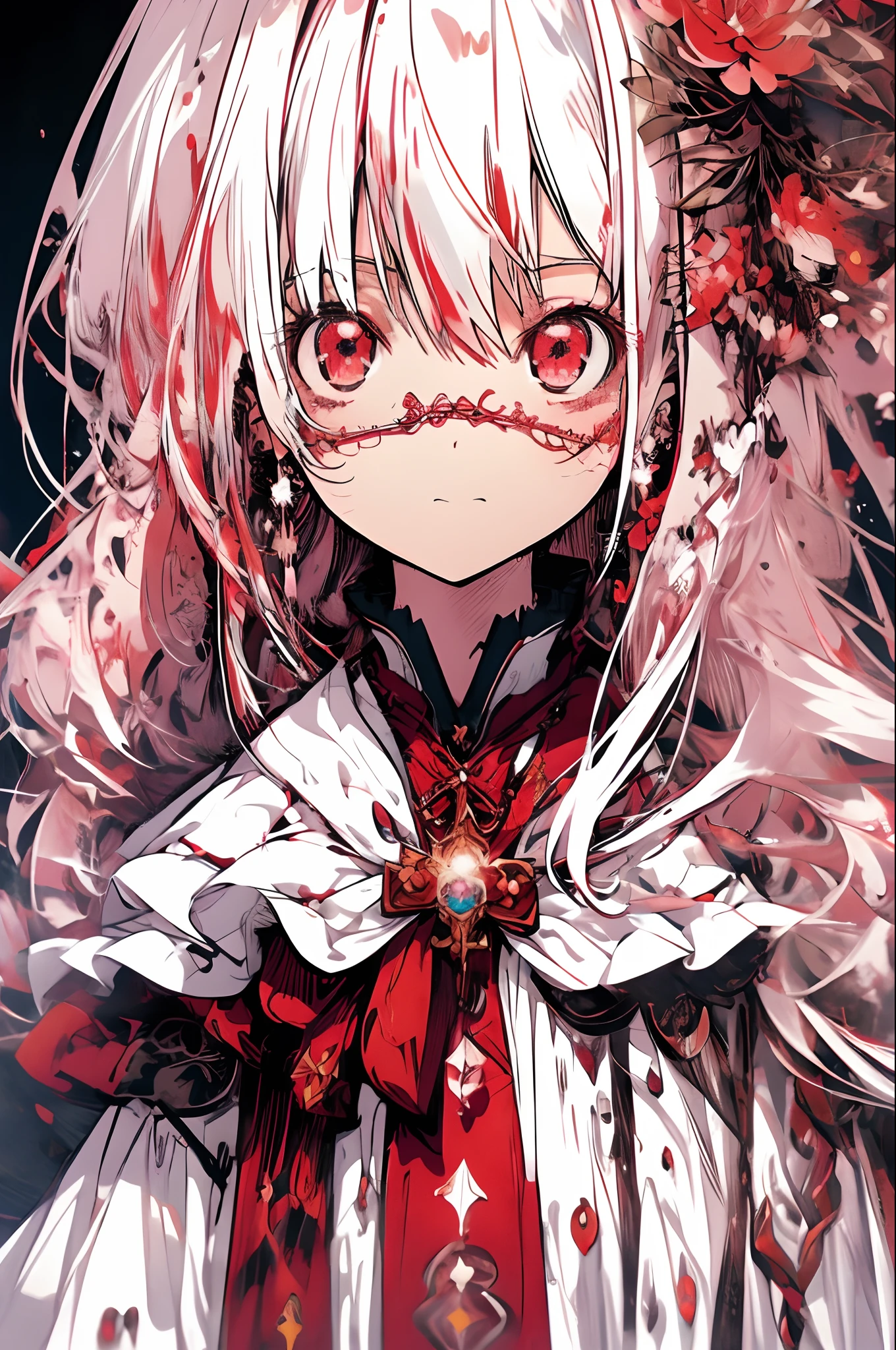 beautiful illustration, best quality, cute petit girl, (transform sequence), transform magical girl, chibi, white magical girl, fractal art, albino, babyface, long pure white and red mesh hair, beautiful detailed red eyes, cinematic lighting, cowboy shot, looking at viewer, from bottom, happy