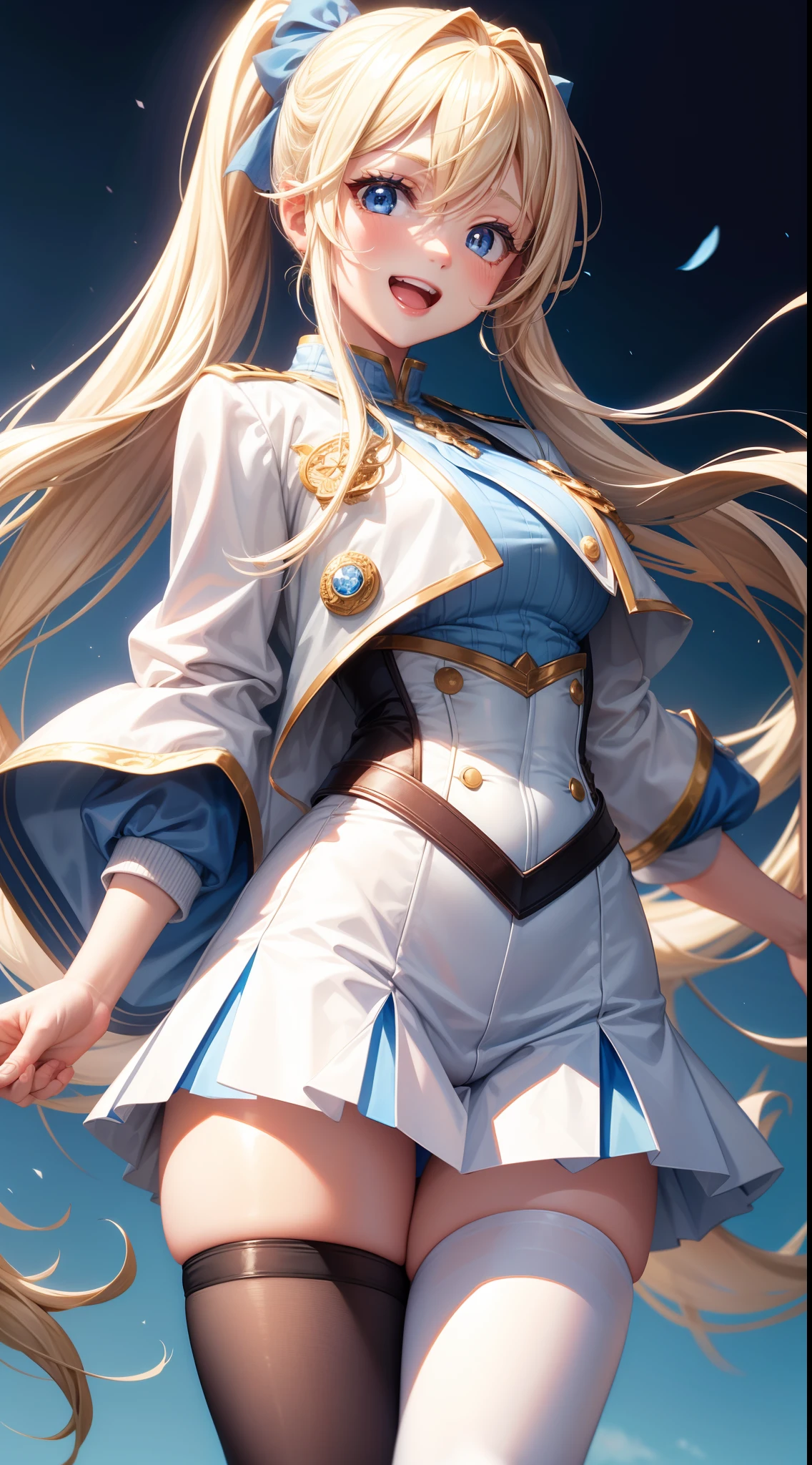 young girl, Long blond hair, two ponytails, blue eyes, white jacket, short sleeves, blue tight top, blue skirt, tights, smile, open mouth, Masterpiece, hiquality, 4k, HD, Good detail